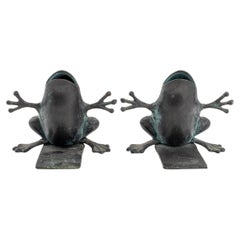 Vintage Verdigris Patinated Brass Frog Form Bookends, Pair