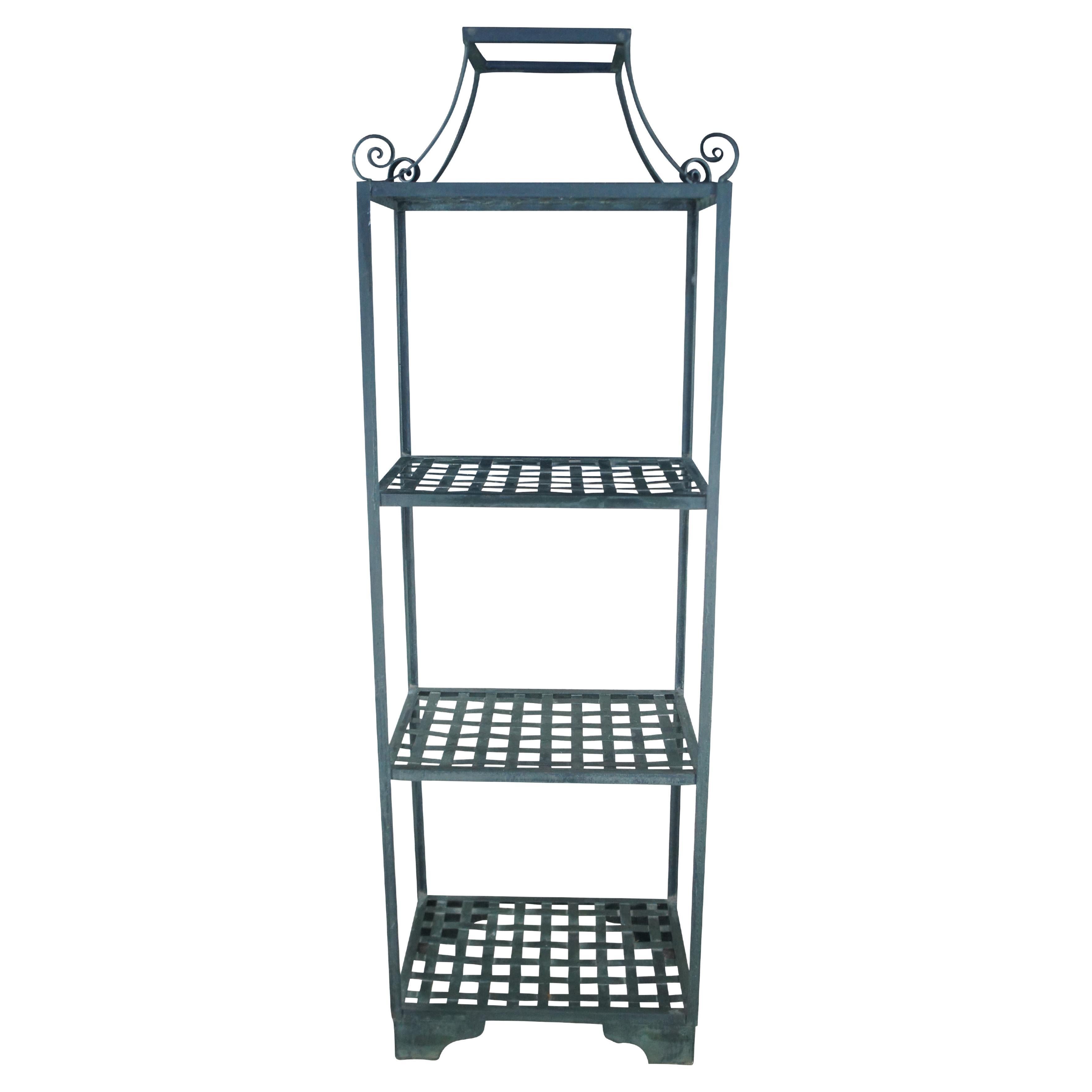 Verdigris Woven Iron Pagoda Form Etagere Wall Rack Shelf Plant Stand Vintage 83"