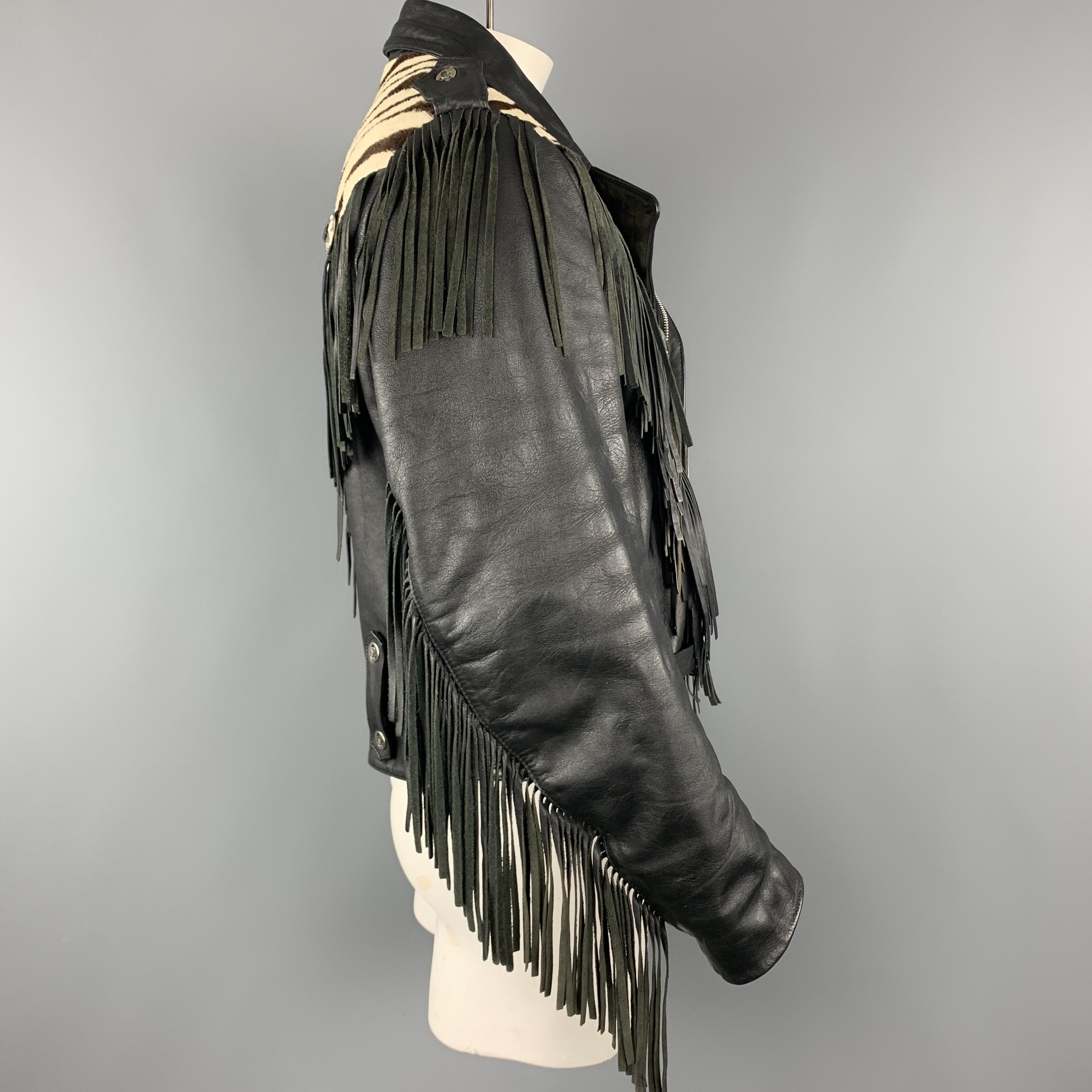 VERDUCCI Size 44 Black Leather Cream Zebra Panel Fringe Biker Jacket In Good Condition In San Francisco, CA