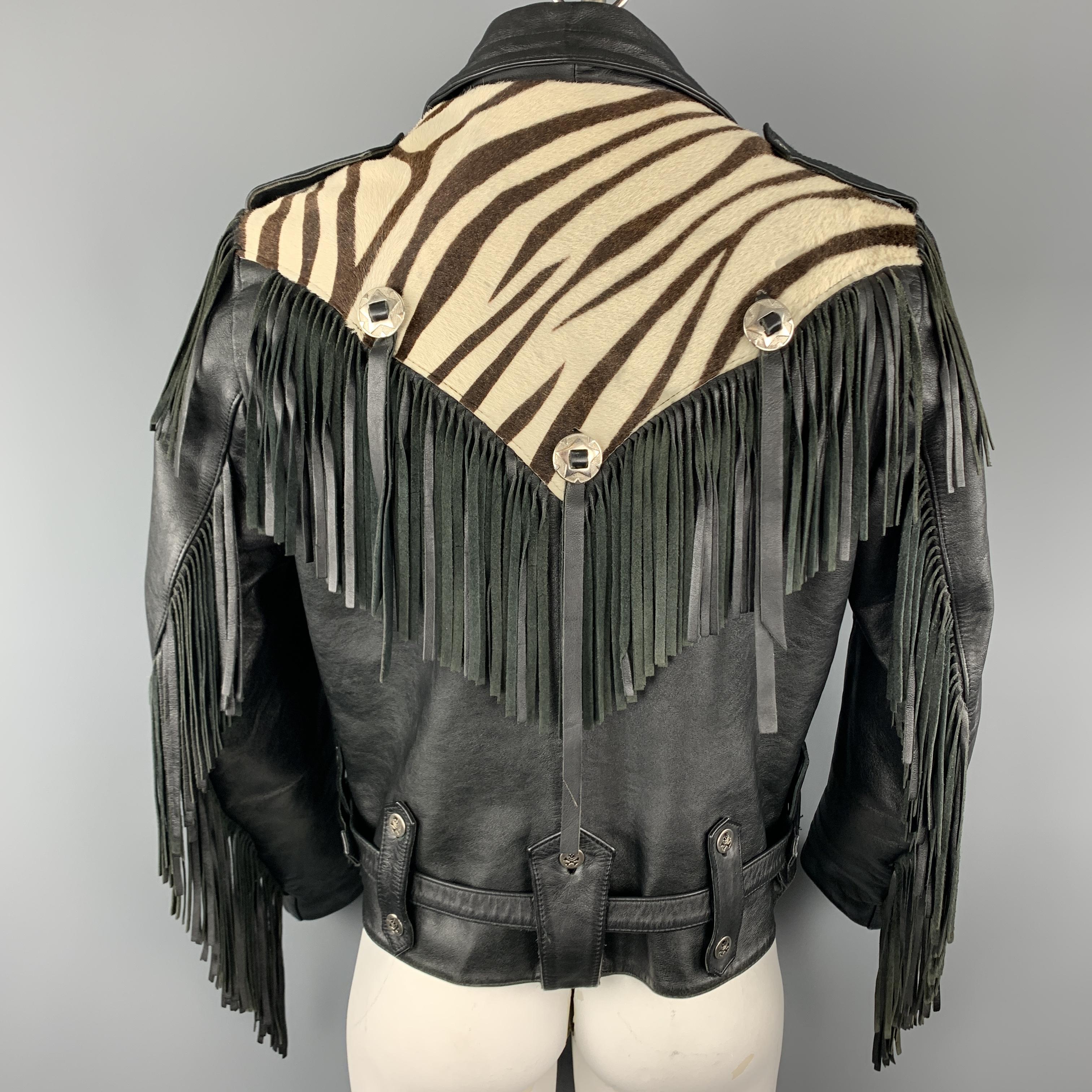 Men's VERDUCCI Size 44 Black Leather Cream Zebra Panel Fringe Biker Jacket