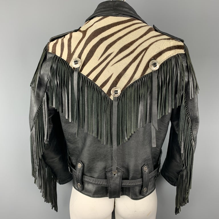 VERDUCCI Size 44 Black Leather Cream Zebra Panel Fringe Biker Jacket