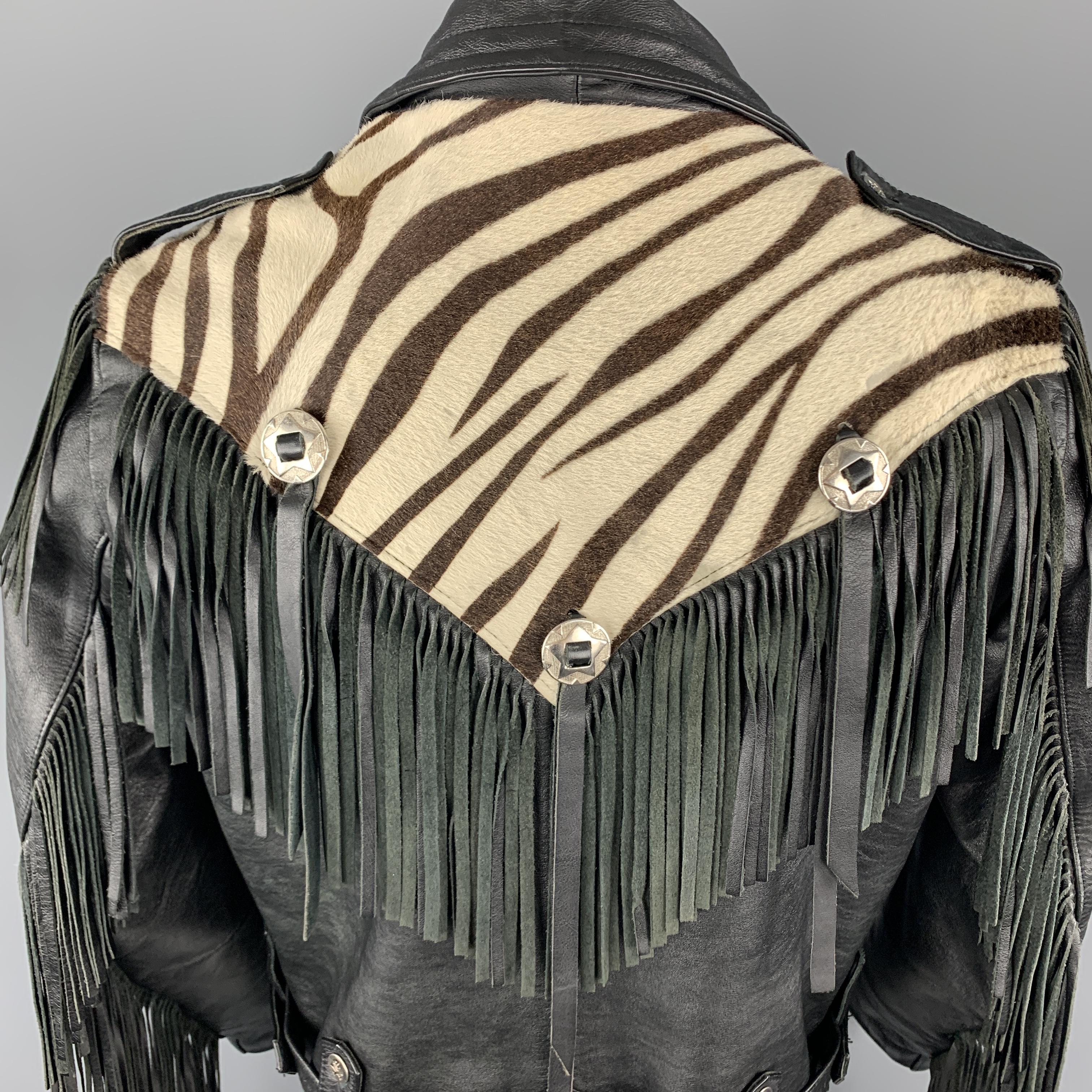 VERDUCCI Size 44 Black Leather Cream Zebra Panel Fringe Biker Jacket 1