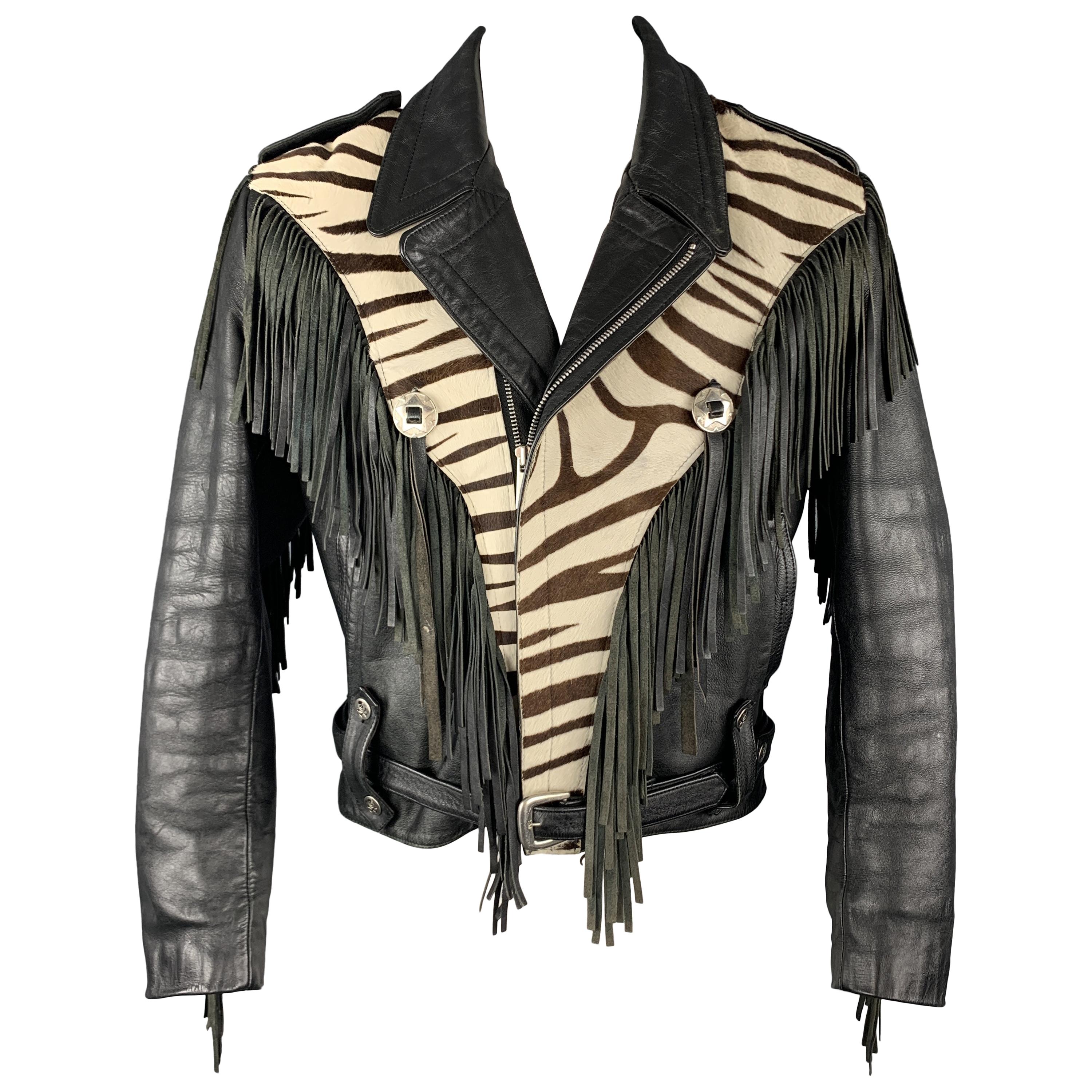 VERDUCCI Size 44 Black Leather Cream Zebra Panel Fringe Biker Jacket