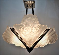 Verdun French Art Deco Frosted Glass and Nickel Chandelier