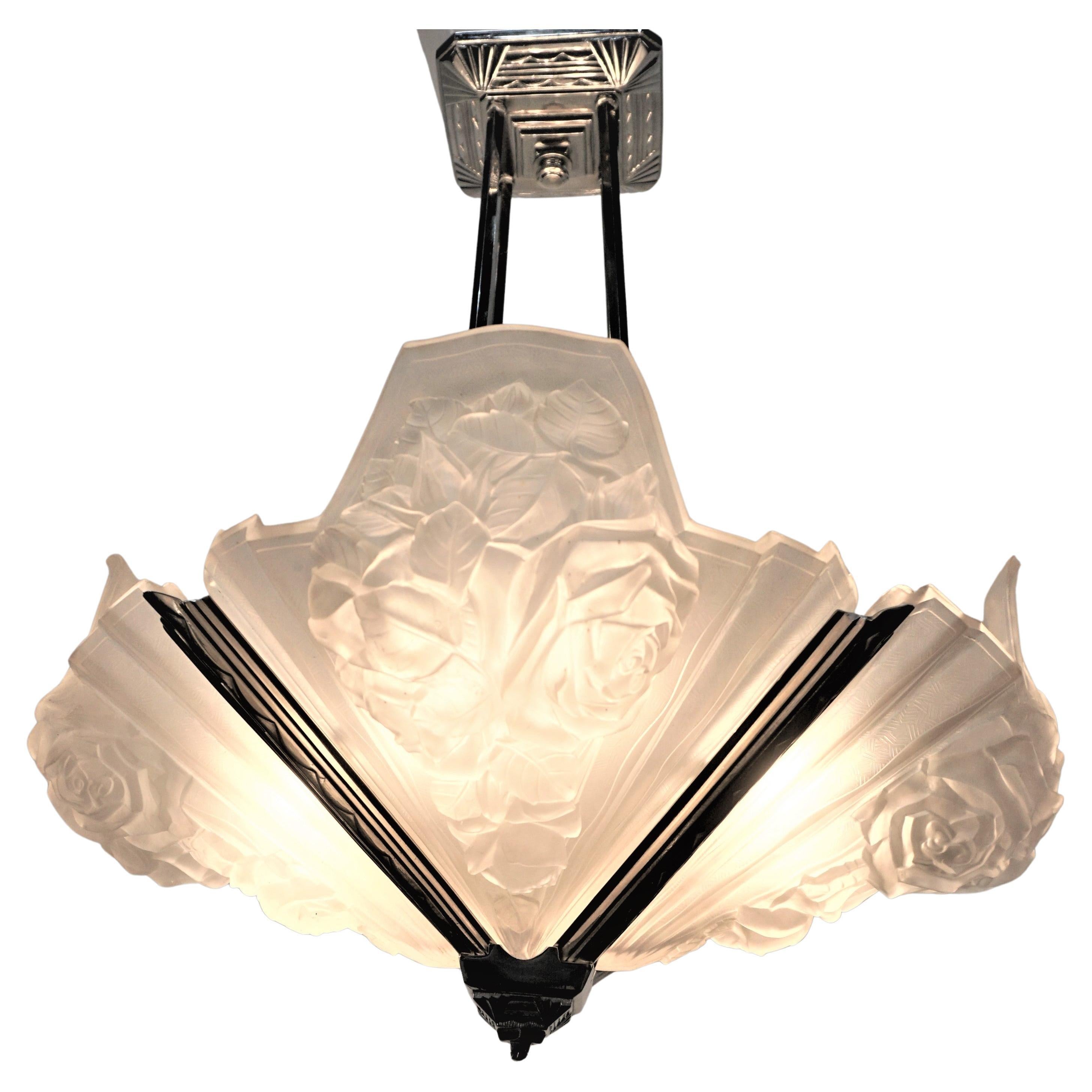 Verdun French Art Deco Frosted Glass and Nickel Chandelier For Sale