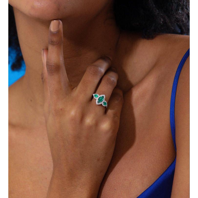 Modern 1.15ct Marquise Emerald And Diamond Ring For Sale