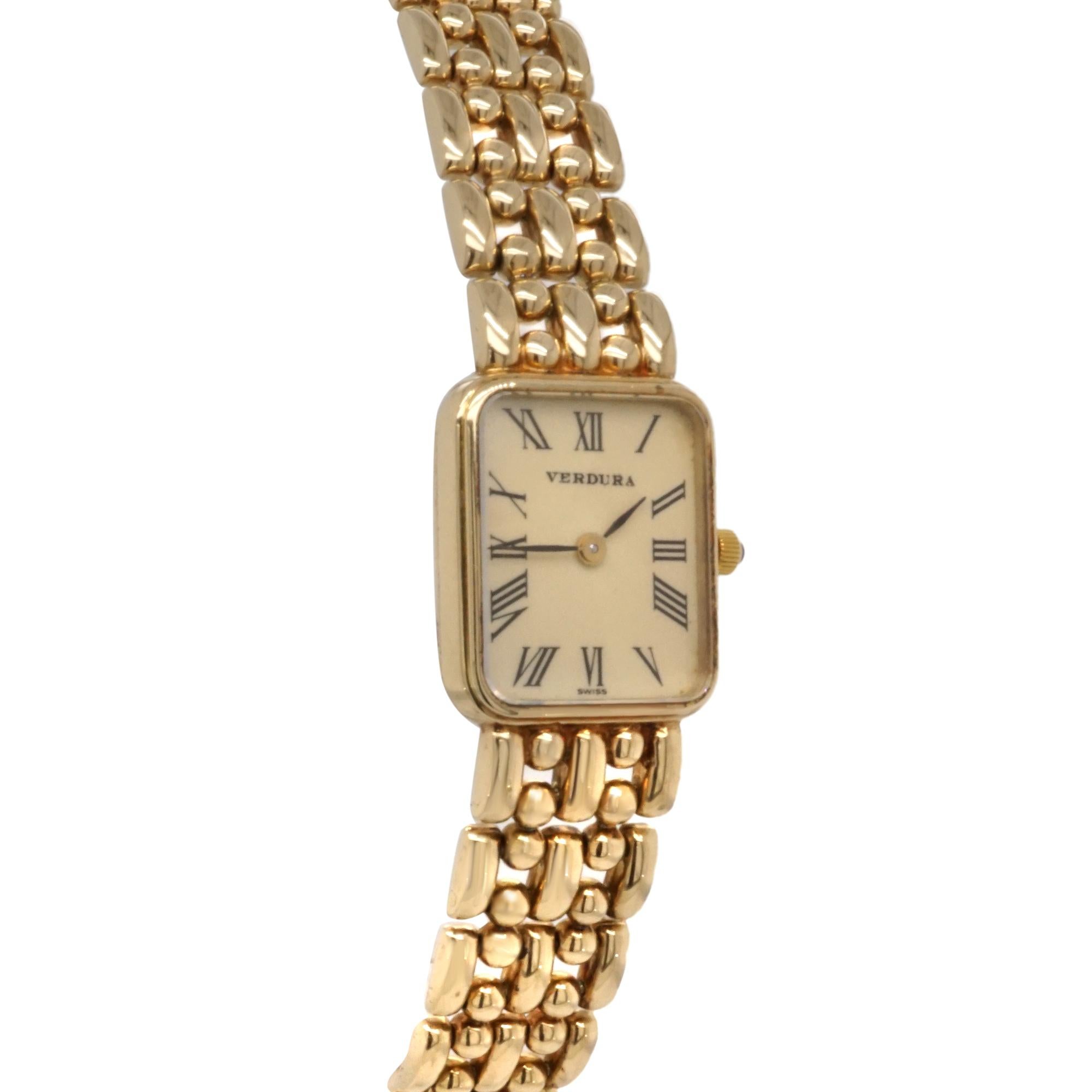 Verdura 14 Karat Yellow Gold Ladies Wristwatch with black roman numerals signed 