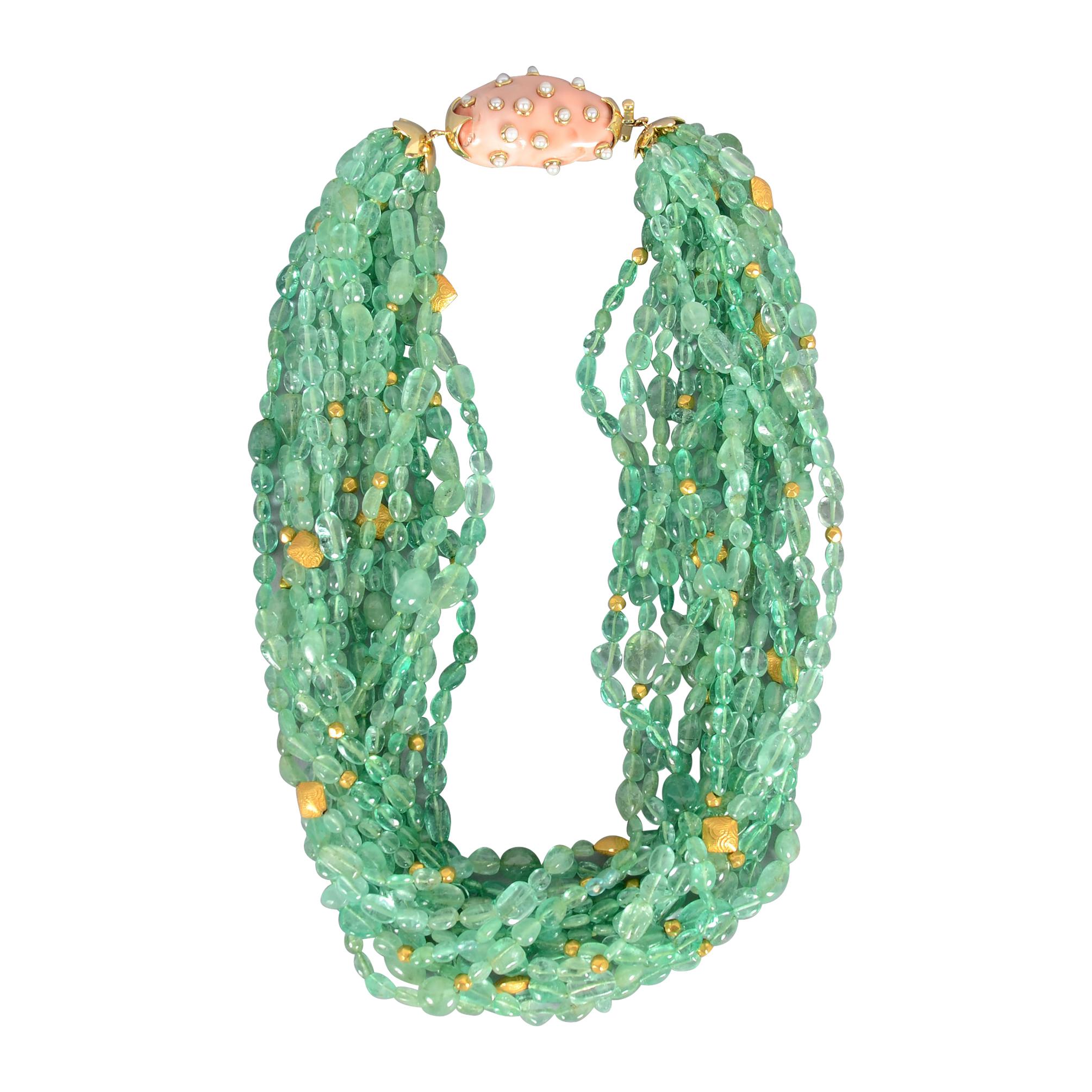Verdura 14 Strand Emerald Torsade Necklace