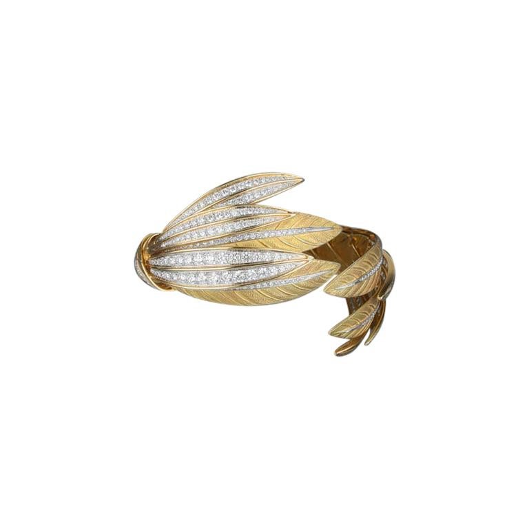 Verdura 18 Karat Yellow Gold, Platinum and Diamond "Tiara" Feather Cuff For Sale