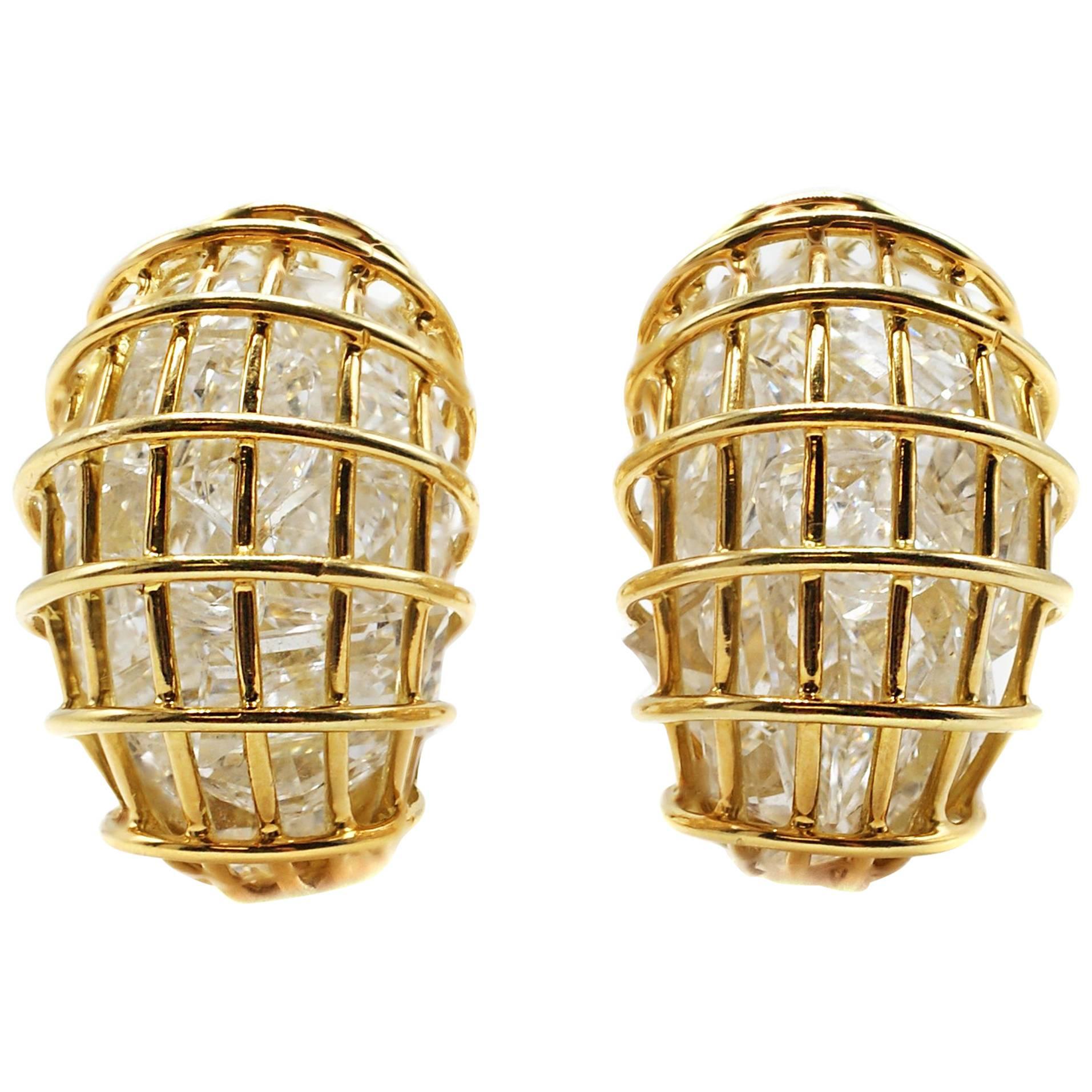 Verdura 18 Karat Yellow Gold Rock Crystal 'Cage' Earclips