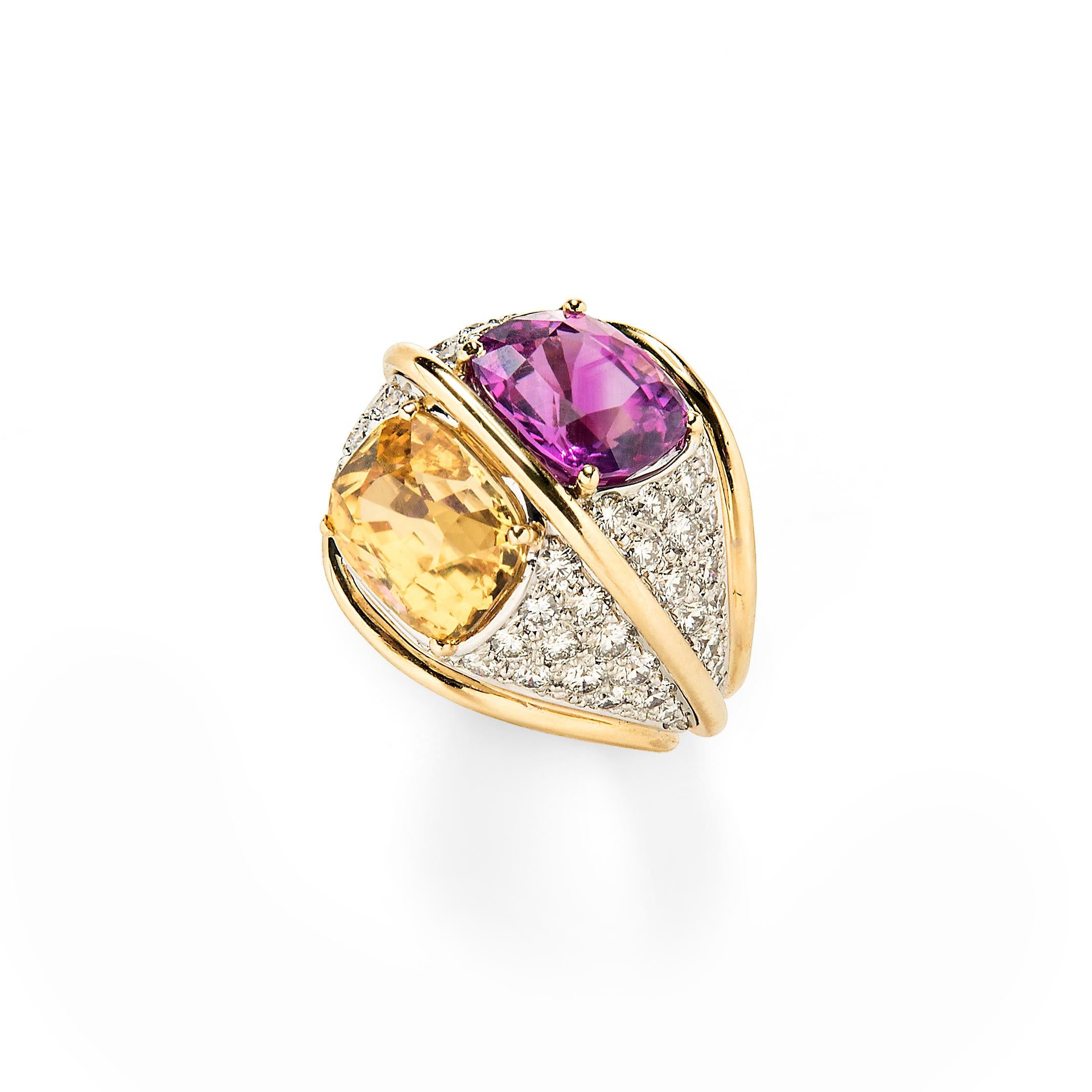 A vivid pink unheated sapphire pairs with a deeply saturated unheated yellow sapphire in this exquisite Verdura dome ring. The striking color combination is further enhanced by pave-set diamonds adorning the ring’s shank.

- Yellow sapphire weighs