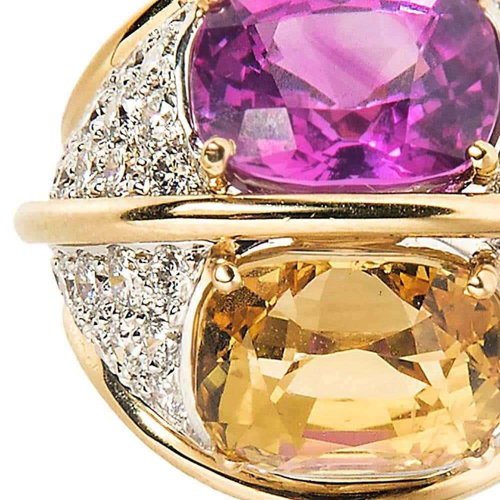 Verdura 18k Gold and Diamond Dome Ring with Unheated Pink and Yellow Sapphires 1