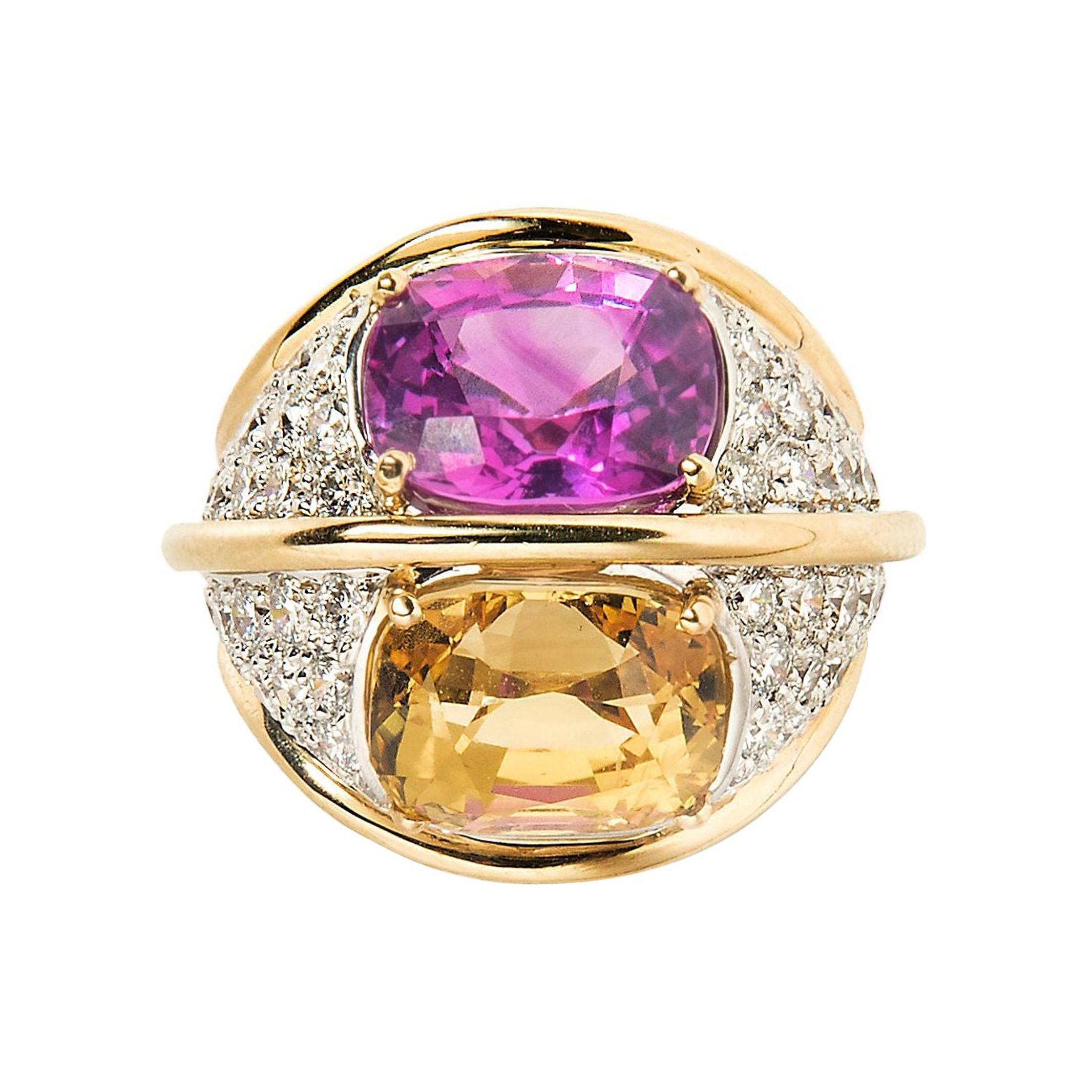 Verdura 18k Gold and Diamond Dome Ring with Unheated Pink and Yellow Sapphires