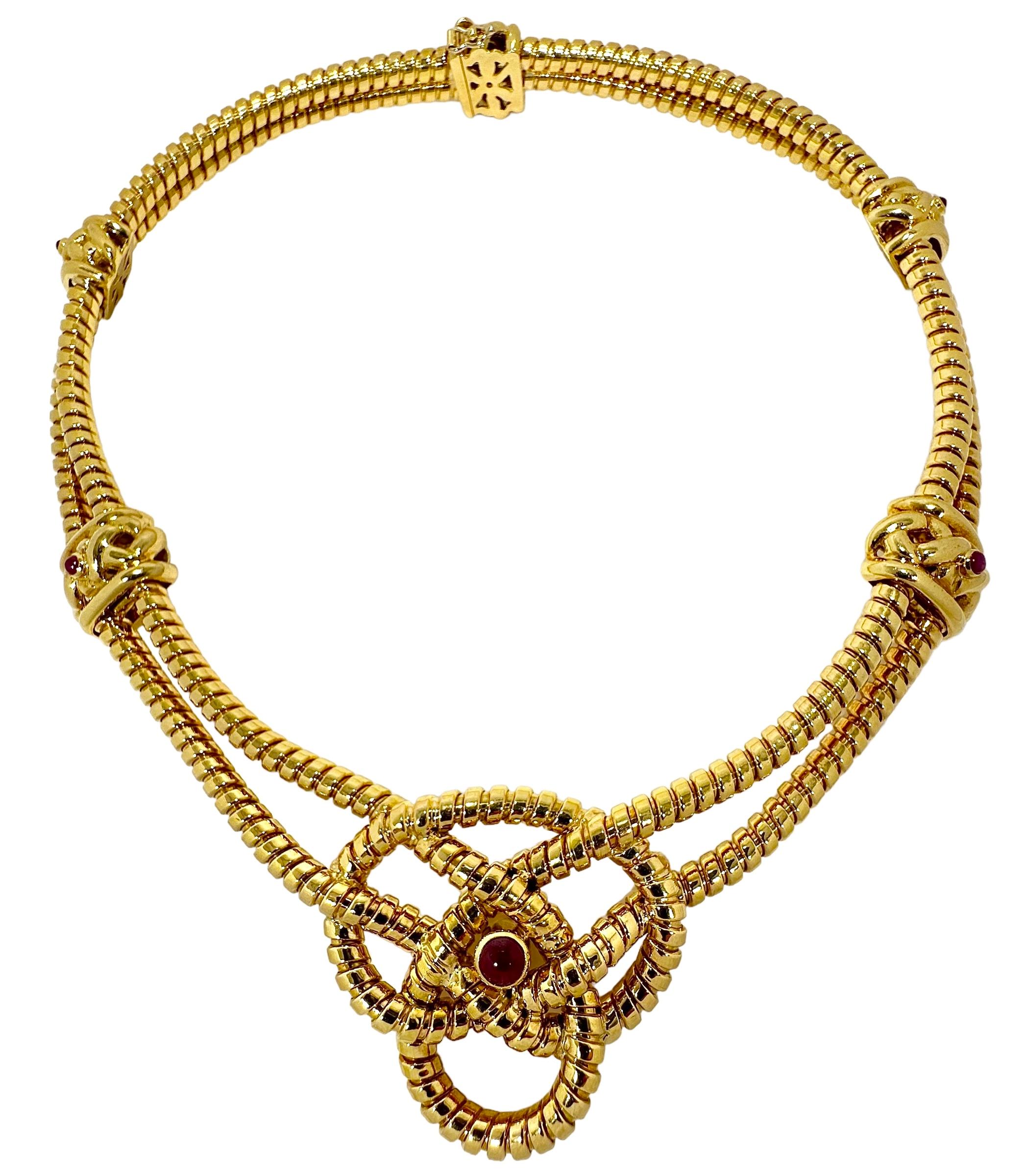 This imaginative, vintage 18k yellow gold Verdura double strand tubogas necklace bespeaks the elegance that the venerated house is respected for. Two 4.5mm tubogas lengths terminate at the front in an elaborate knot measuring 1 5/8 inch in diameter