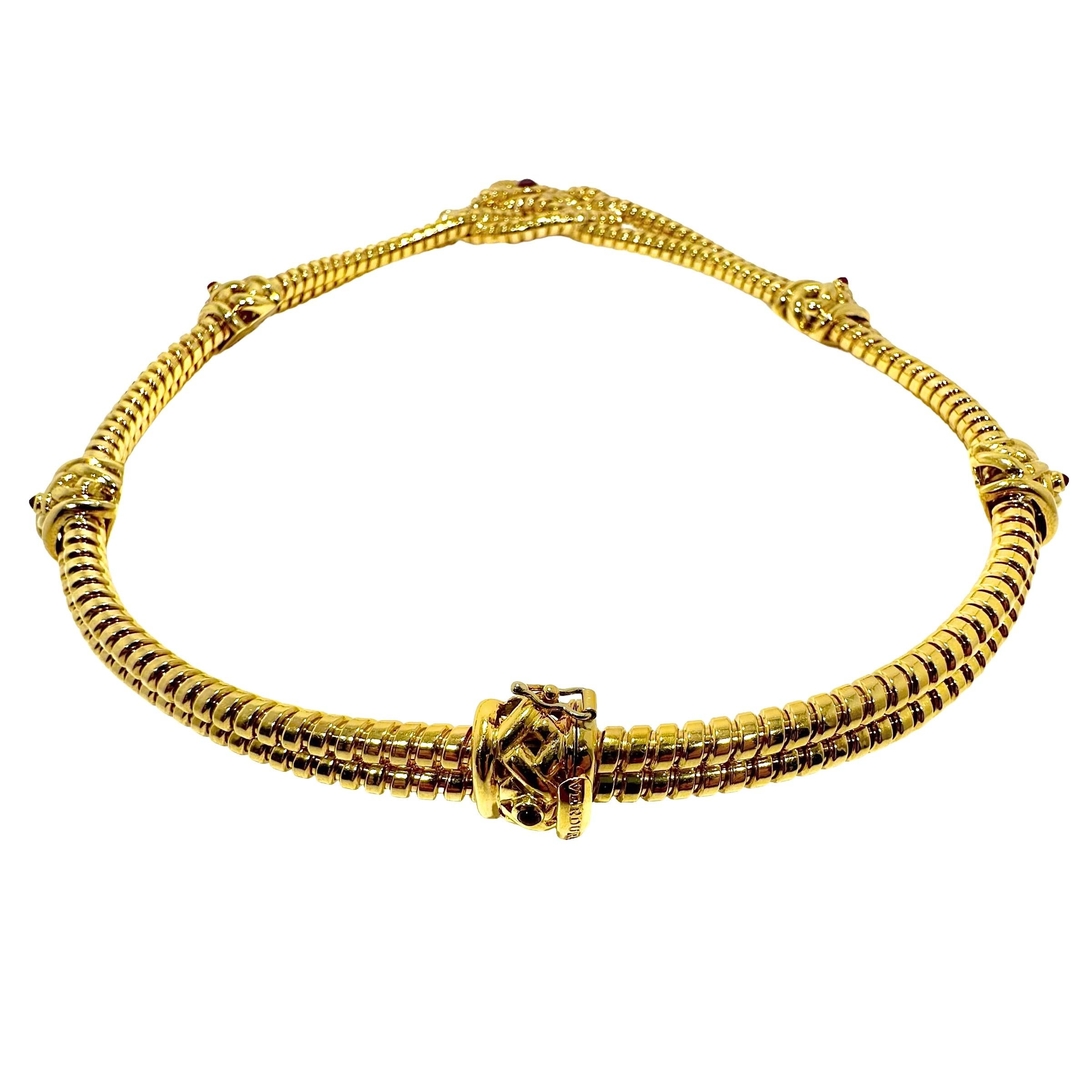 Doppelreihige Tubogas-Choker-Halskette von Verdura aus 18 Karat Gold mit Cabochon-Rubinen Damen