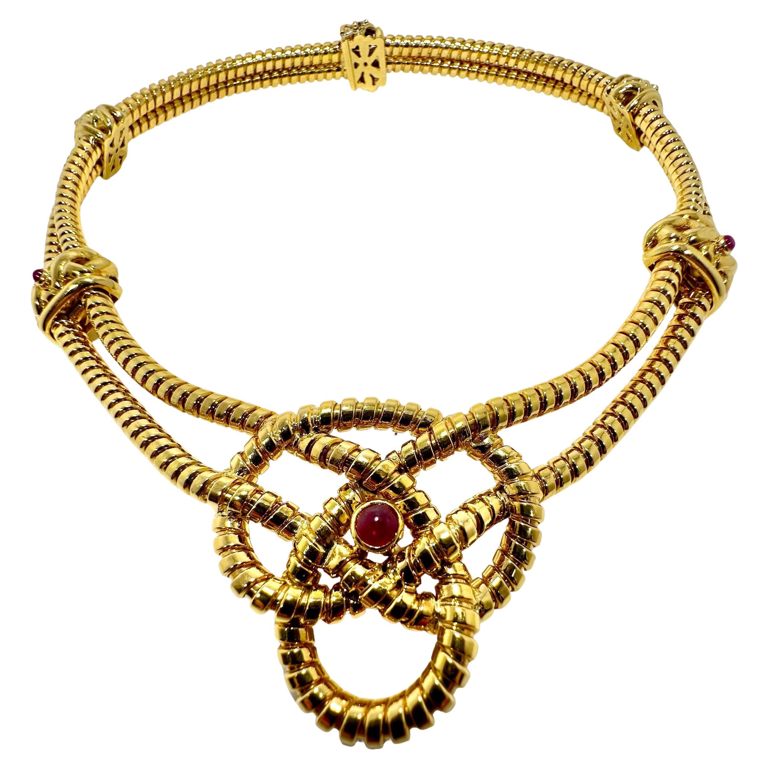 Verdura 18K Gold Double Strand Tubogas Choker Necklace with Cabochon Rubies For Sale