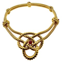 Vintage Verdura 18K Gold Double Strand Tubogas Choker Necklace with Cabochon Rubies