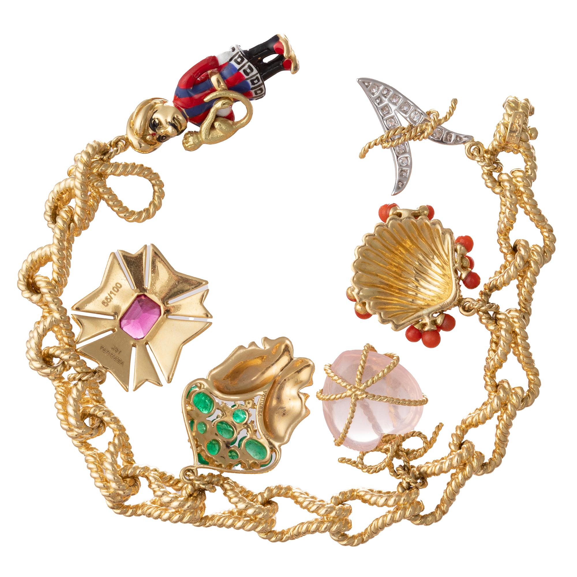 Verdura - Bracelet à breloques en or 18k avec émail et pierres précieuses en vente 2