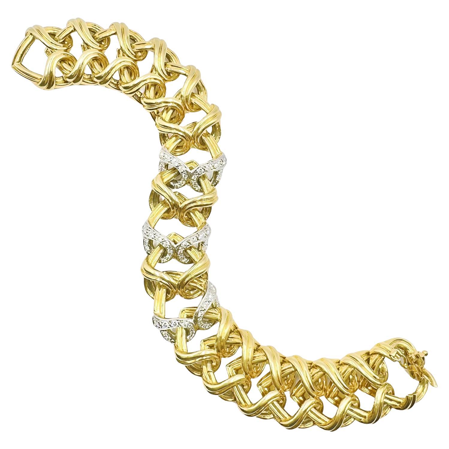 Modern Verdura 18k Gold Platinum Diamond Heart Link Bracelet