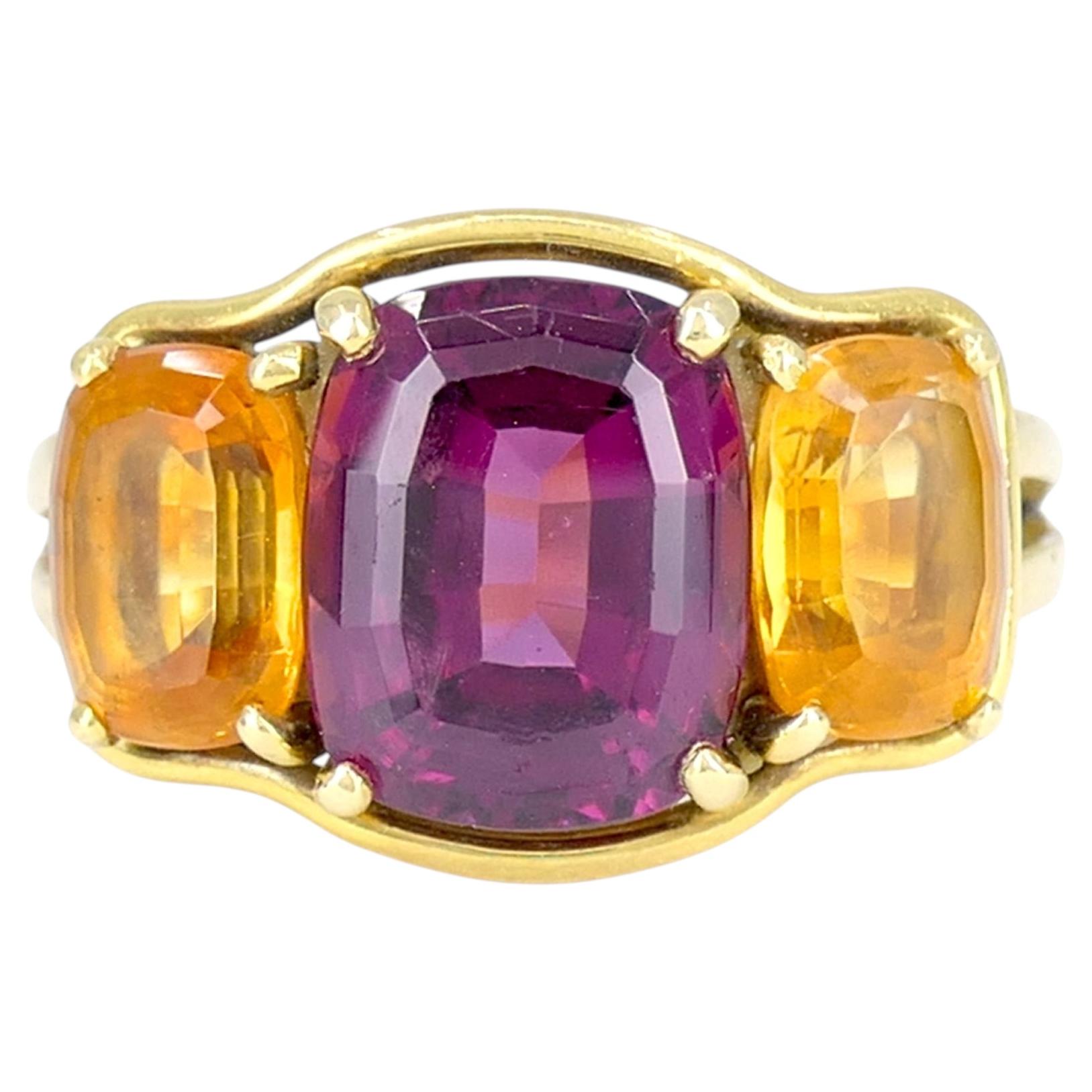 Anillo de tres piedras Verdura de oro de 18k con rubelita y citrino de Madeira
