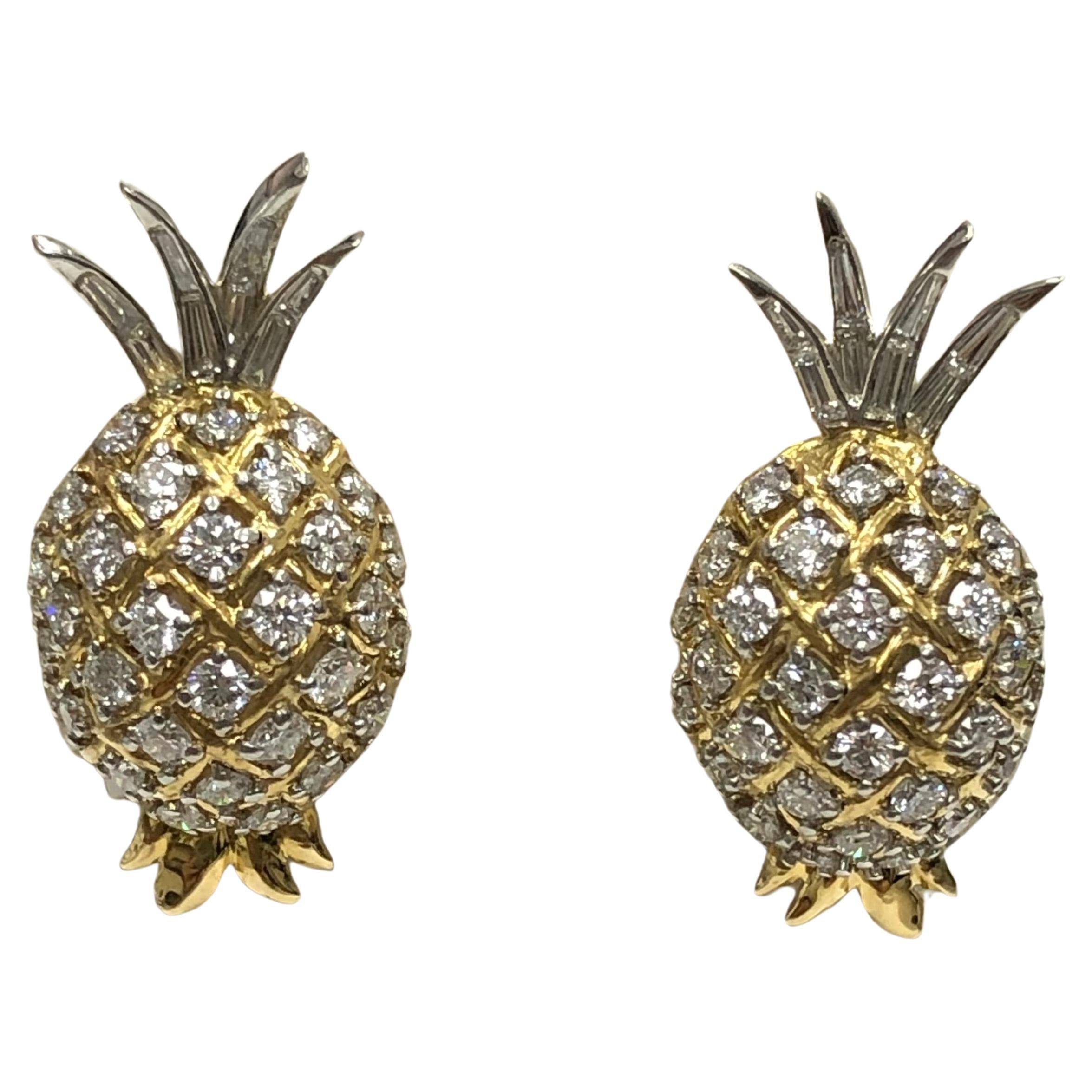 Verdura 18K Yellow and Platinum Diamond Pineapple Earrings 