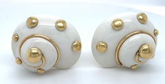 Verdura 18k Yellow Gold Cachalong Opal Shell Ear Clips Gorgeous Condition!