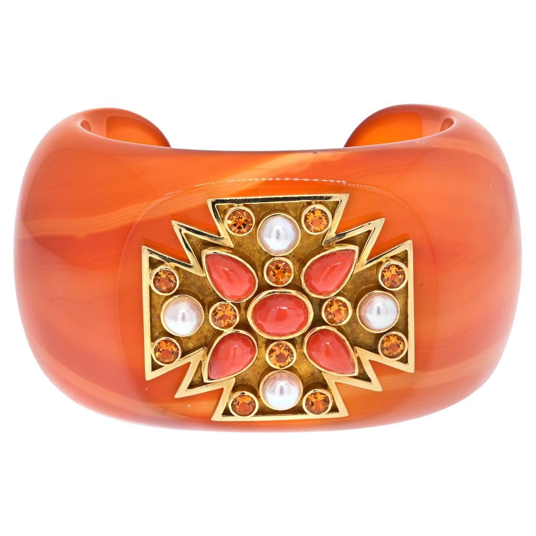 Verdura 18K Yellow Gold Carved Agate, Coral, Pearl Bracelet