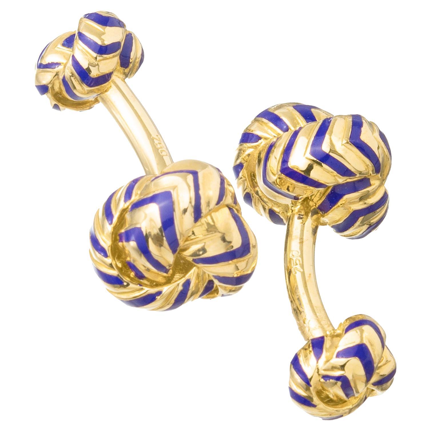 Boutons de manchette en or jaune 18 carats avec nœud en émail marine