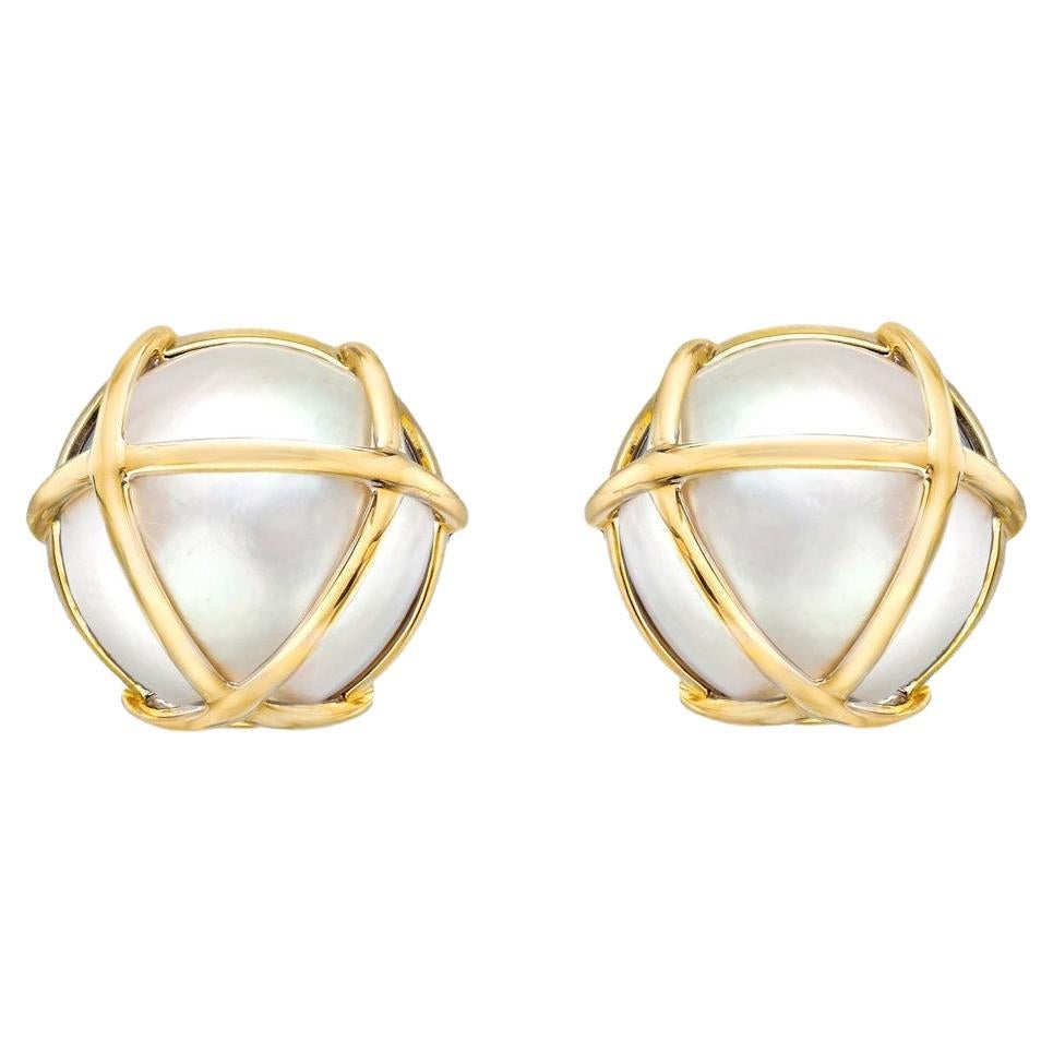 Verdura 18k Yellow Gold Pearl Caged Earrings