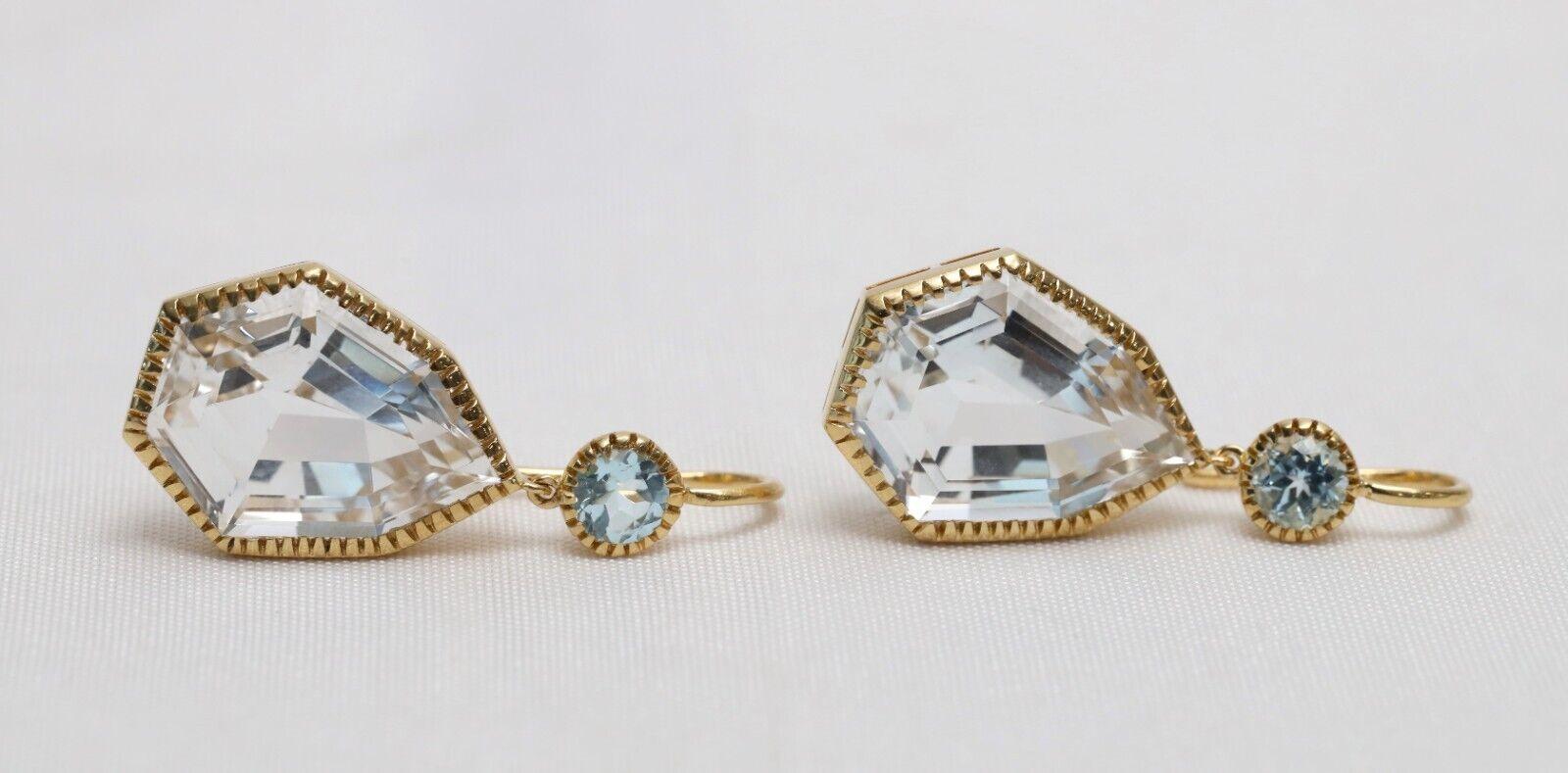 Round Cut Verdura 18k Yellow Gold White & Blue Topaz Dangle Earrings, 13.1g For Sale