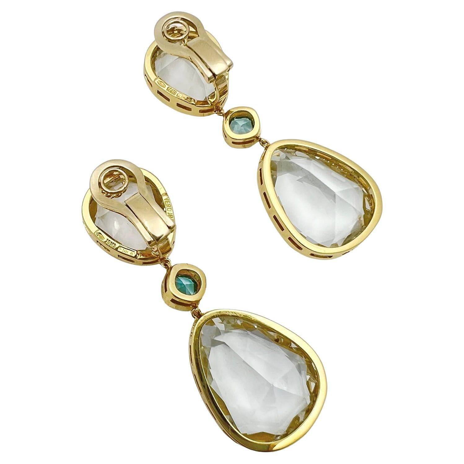 Pear Cut Verdura 18K Yellow Gold White Topaz Byzantine Pendant Earrings