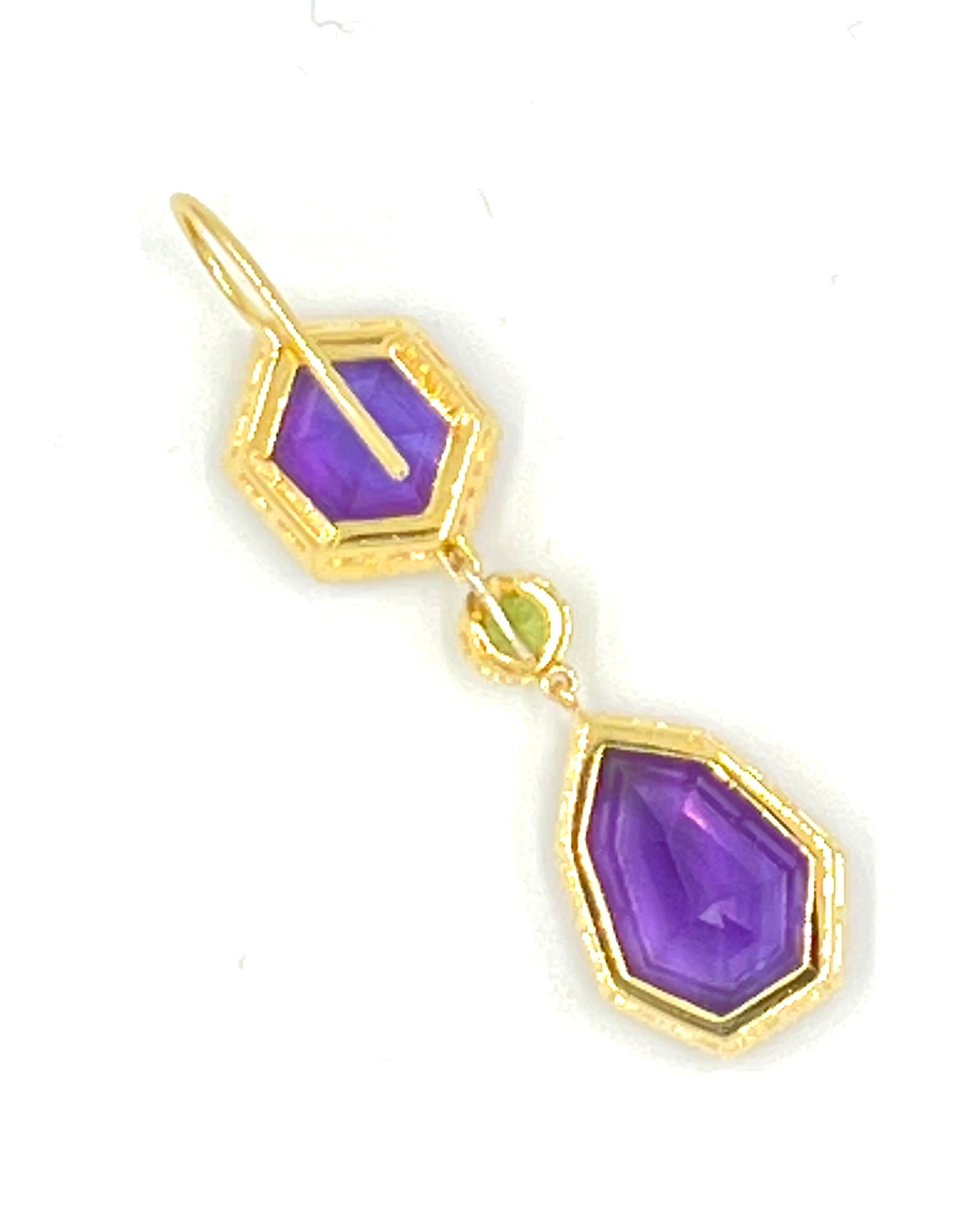 Estate Verdura 'Byzantine' pendant earrings, featuring a top section each set with hexagonal faceted amethyst (15 x 12mm) suspending detachable drops each set with a shield-shaped faceted amethyst (19 x 13mm) accented by a round faceted peridot at