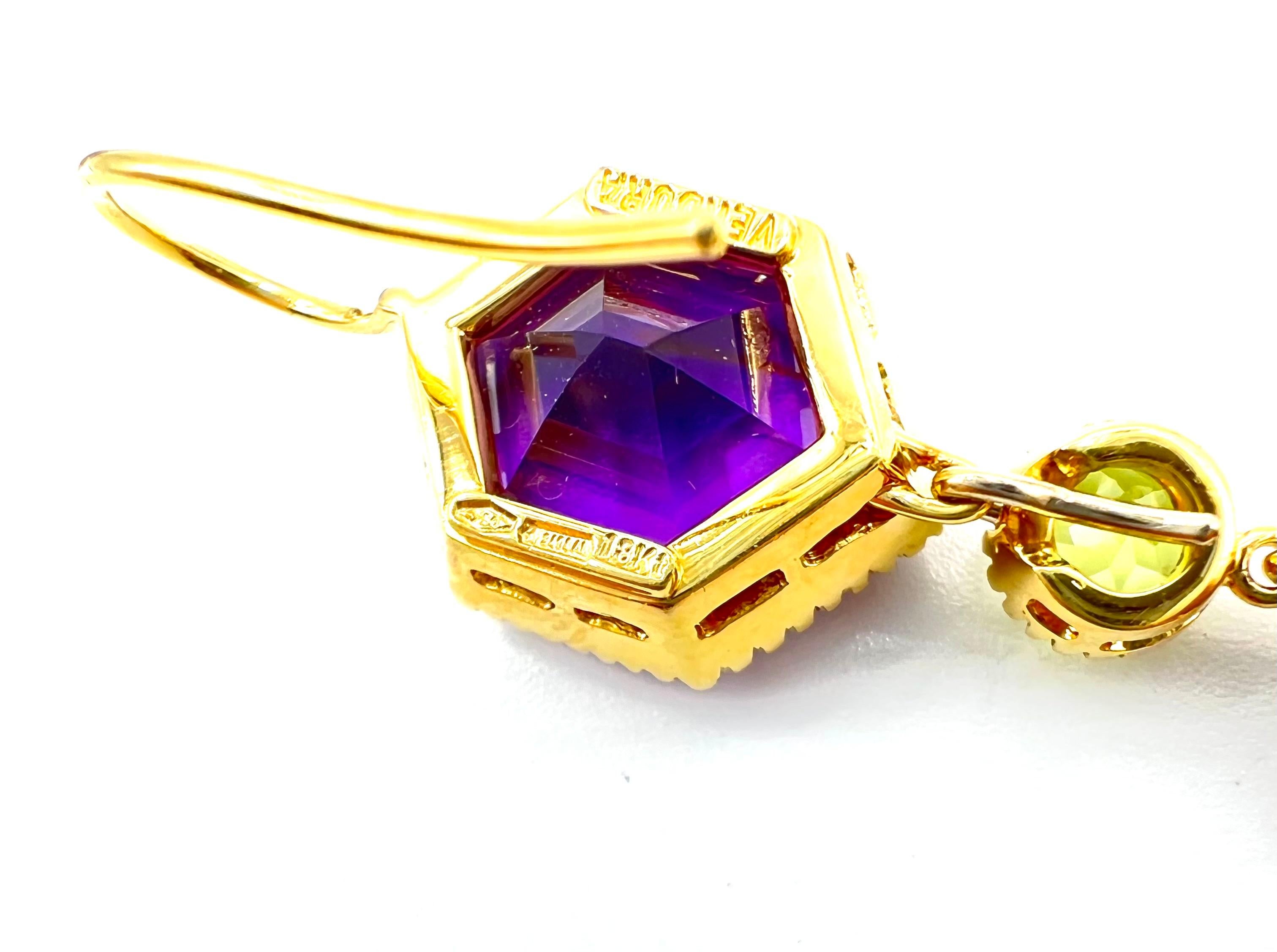 Shield Cut Verdura 18kt Gold Amethyst Peridot 'Byzantine' Pendant Earrings