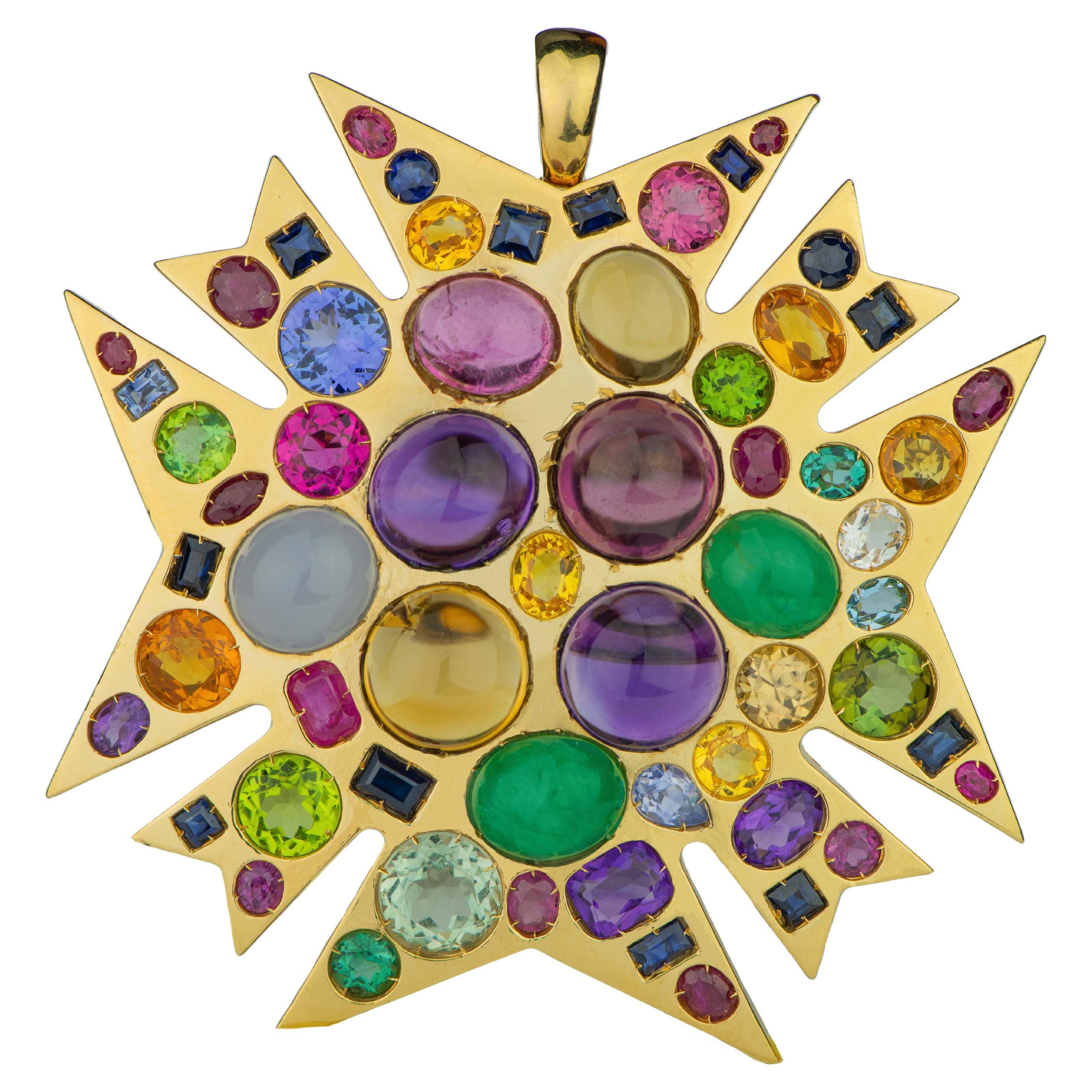 Verdura 18kt Gold Emerald, Ruby, Sapphire and Semi-Precious Stone Pendant Brooch