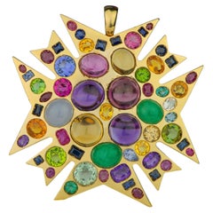 Vintage Verdura 18kt Gold Emerald, Ruby, Sapphire and Semi-Precious Stone Pendant Brooch