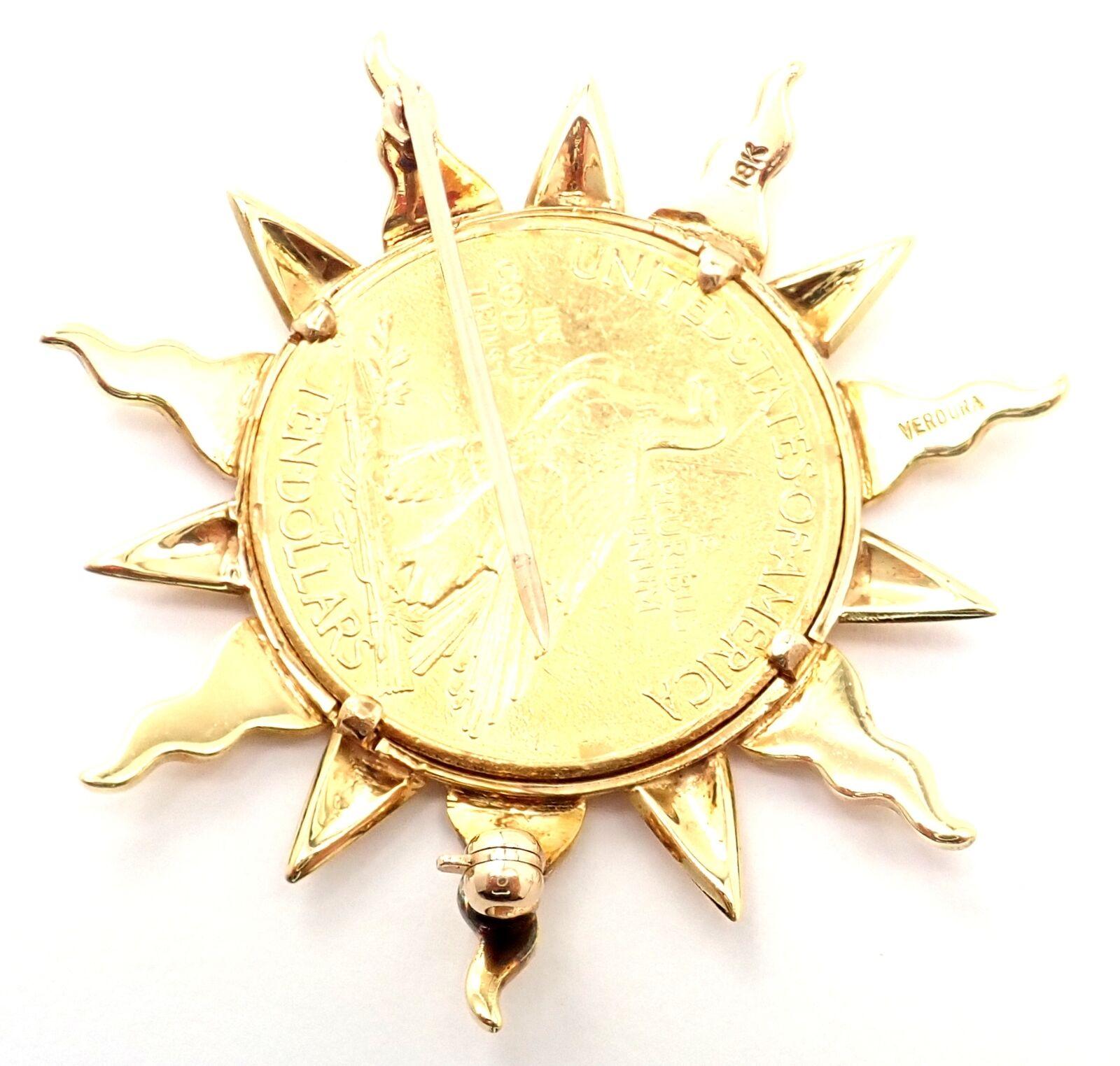 Verdura 1909 $10 Indian Head US Coin Yellow Gold Pin Brooch For Sale 1
