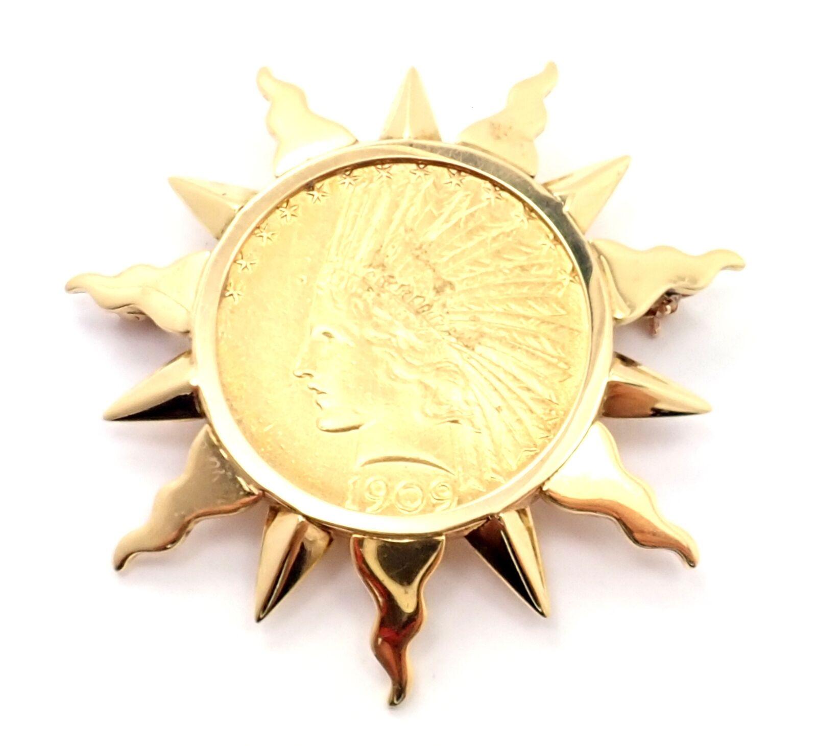 Verdura 1909 $10 Indian Head US Coin Yellow Gold Pin Brooch en vente 2