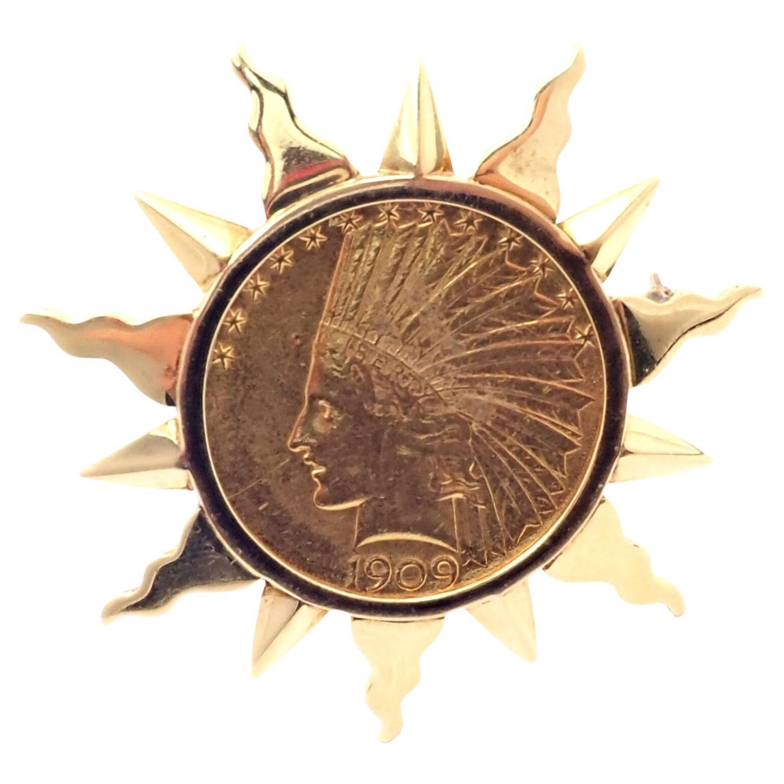 Verdura 1909 $10 Indian Head US Coin Yellow Gold Pin Brooch For Sale