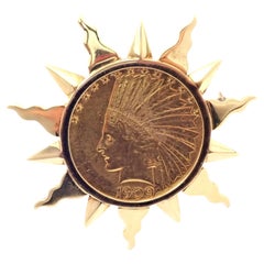 Retro Verdura 1909 $10 Indian Head US Coin Yellow Gold Pin Brooch