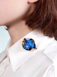 Verdura 1950's Lapis Diamond Platinum 18K Gold Vintage Frog On A Leaf Brooch