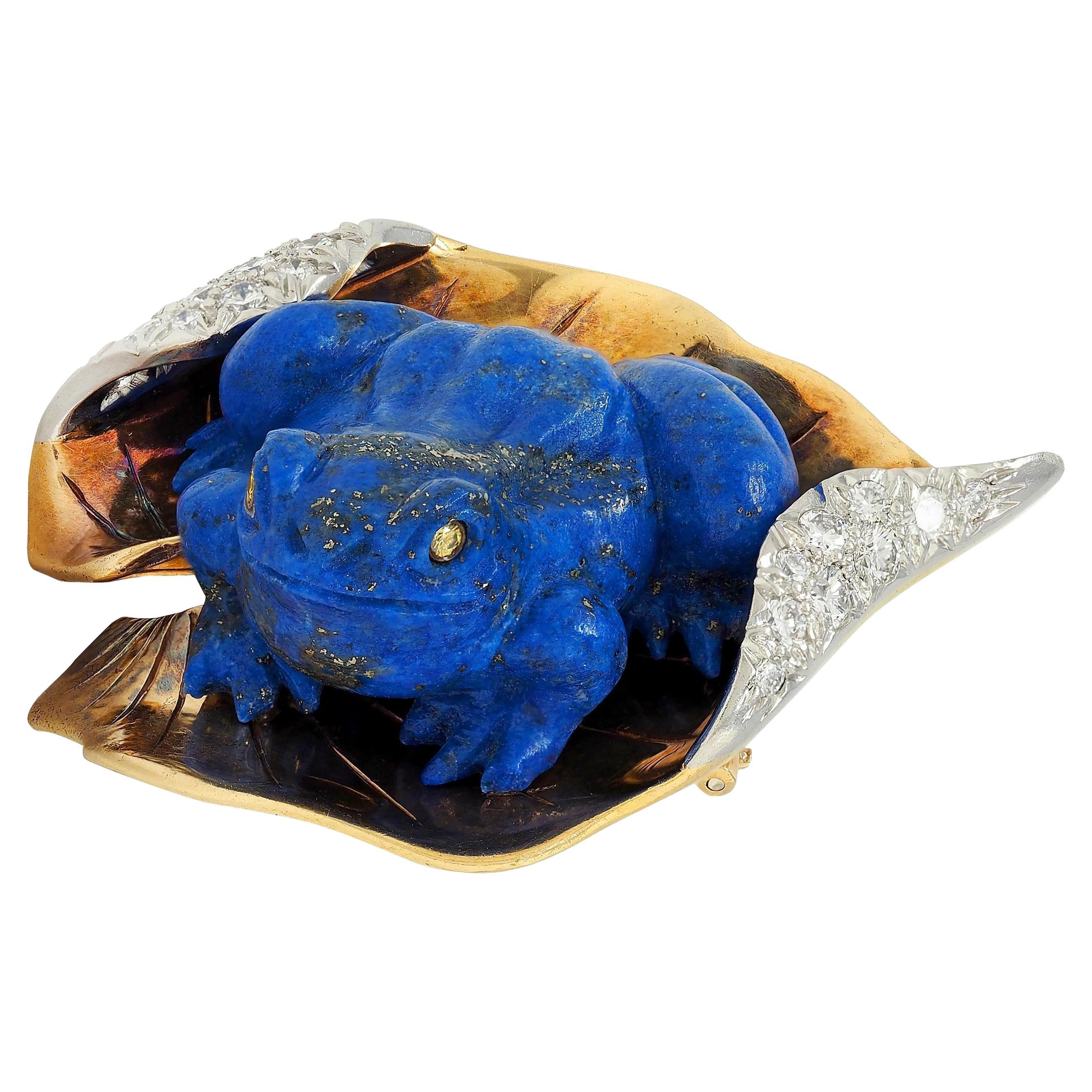 Verdura 1950
s Lapis Diamond Platinum 18K Gold Vintage Frog On A Leaf Brooch