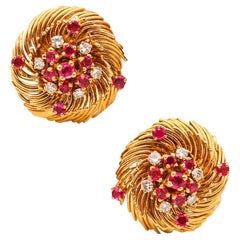 Verdura 1960 Clips On Earrings 18Kt Yellow Gold With 2.02 Ctw Diamonds & Rubies