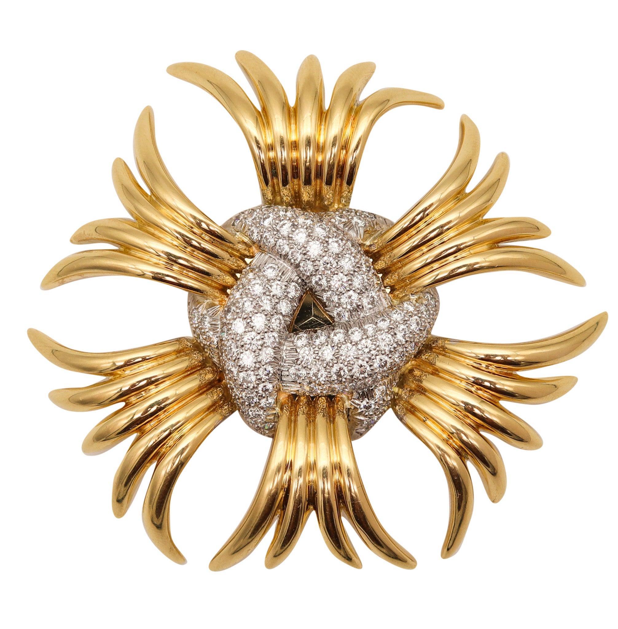 VERDURA 1970 Large Brooch Pendant In 18Kt Gold Platinum And 9.66 Ctw Diamonds For Sale