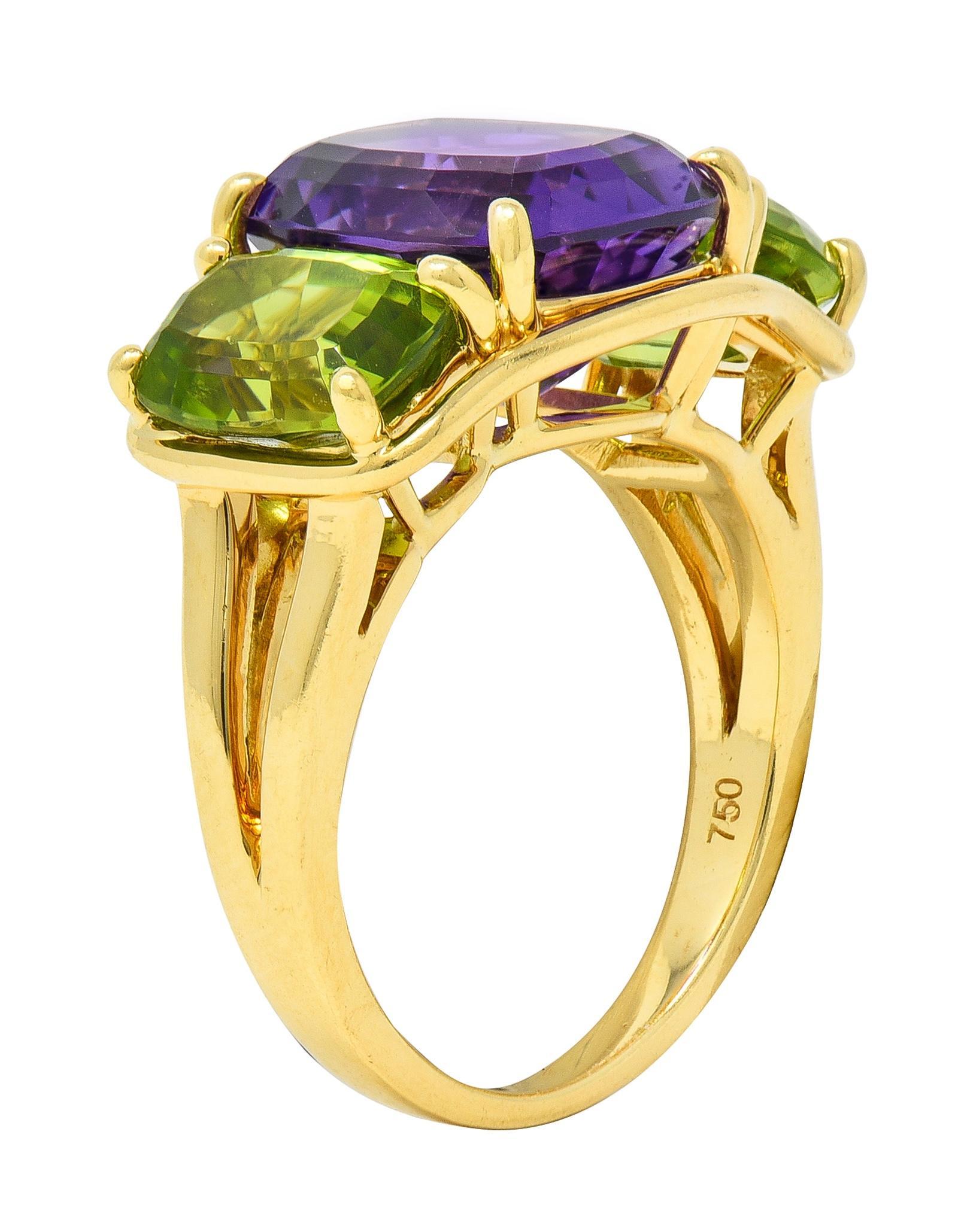 Verdura 1990 Ametista Peridoto Oro Giallo 18 Carati Anello Vintage con Tre Pietre in vendita 5
