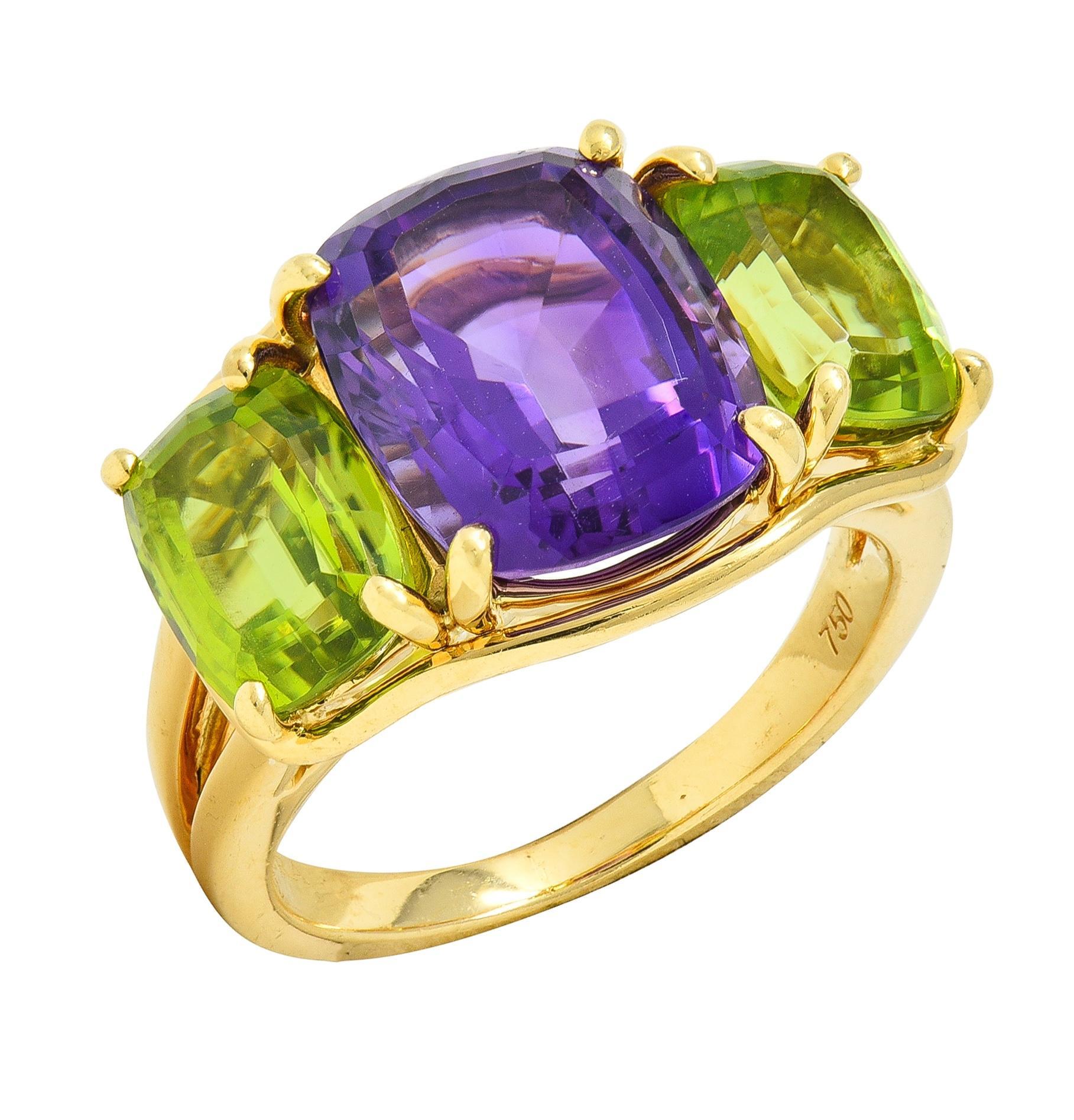 Verdura 1990 Ametista Peridoto Oro Giallo 18 Carati Anello Vintage con Tre Pietre in vendita 6