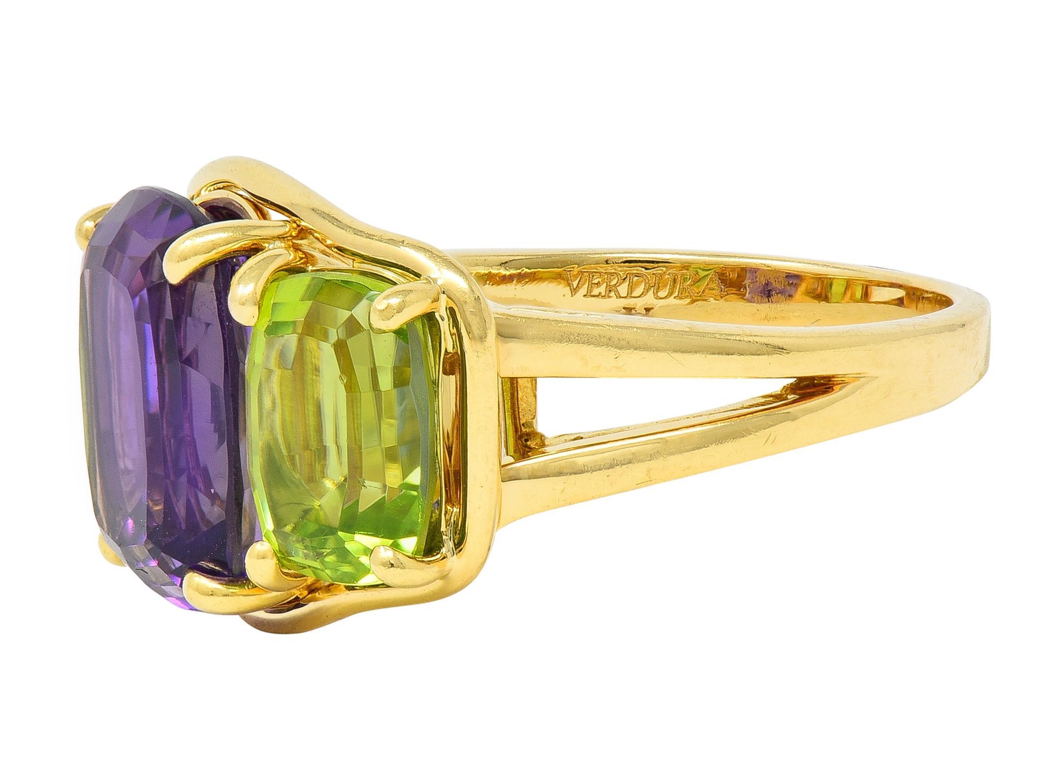 Donna Verdura 1990 Ametista Peridoto Oro Giallo 18 Carati Anello Vintage con Tre Pietre in vendita
