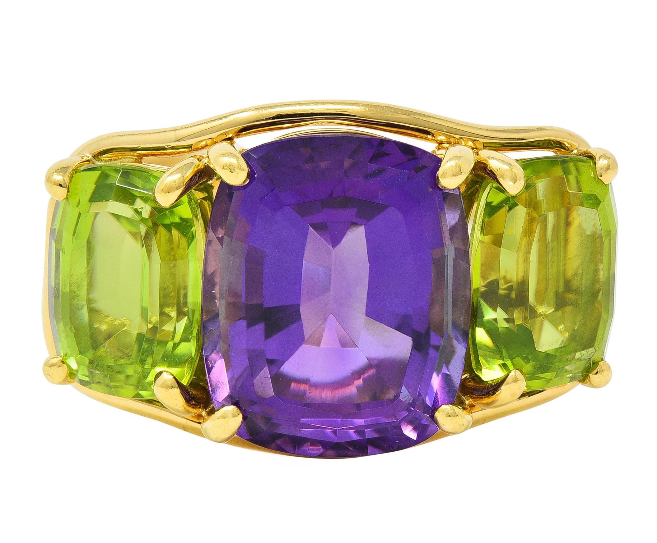 Verdura 1990 Ametista Peridoto Oro Giallo 18 Carati Anello Vintage con Tre Pietre in vendita