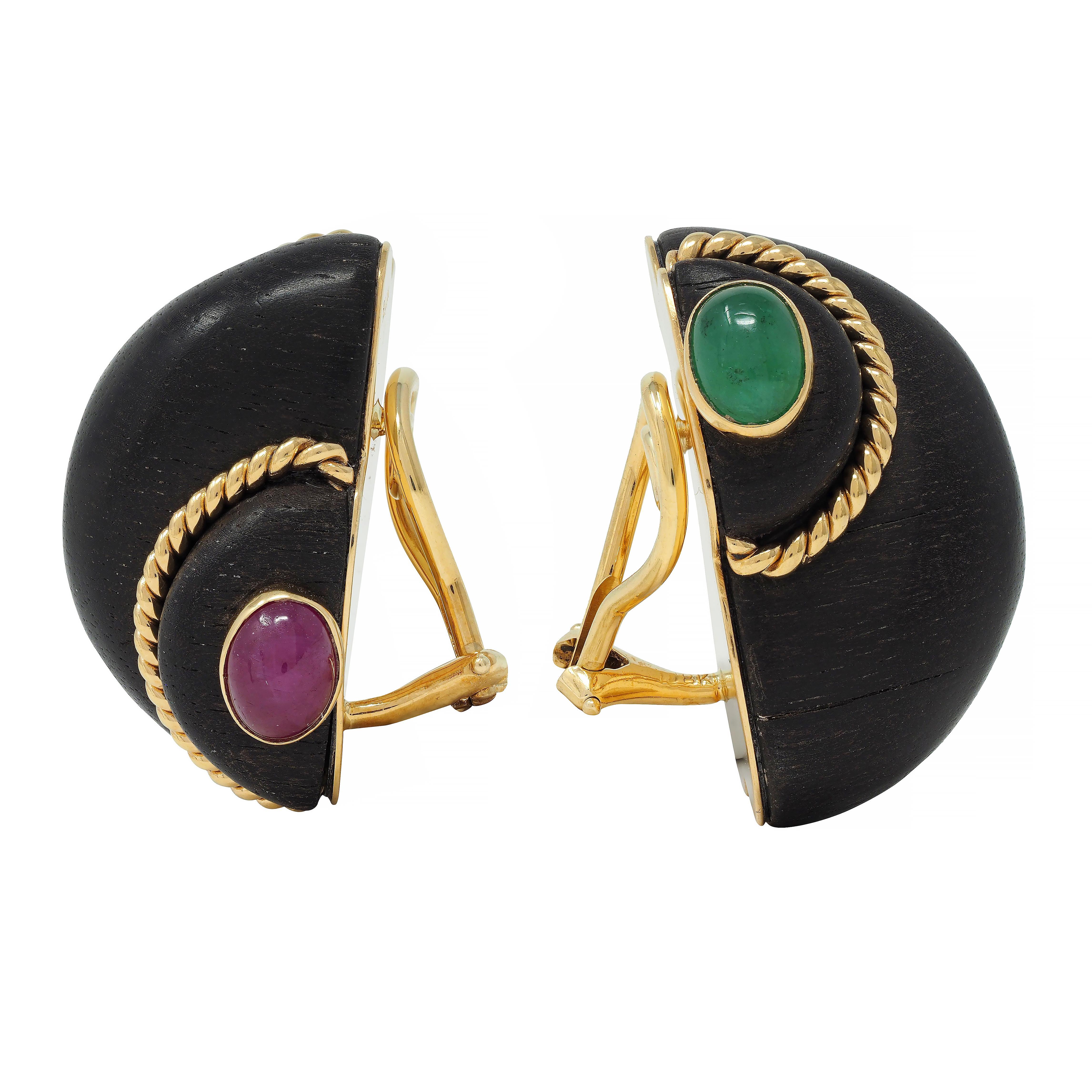 Cabochon Verdura 1990s Ruby Emerald Wood 18 Karat Yellow Gold Shell Ear-Clip Earrings For Sale