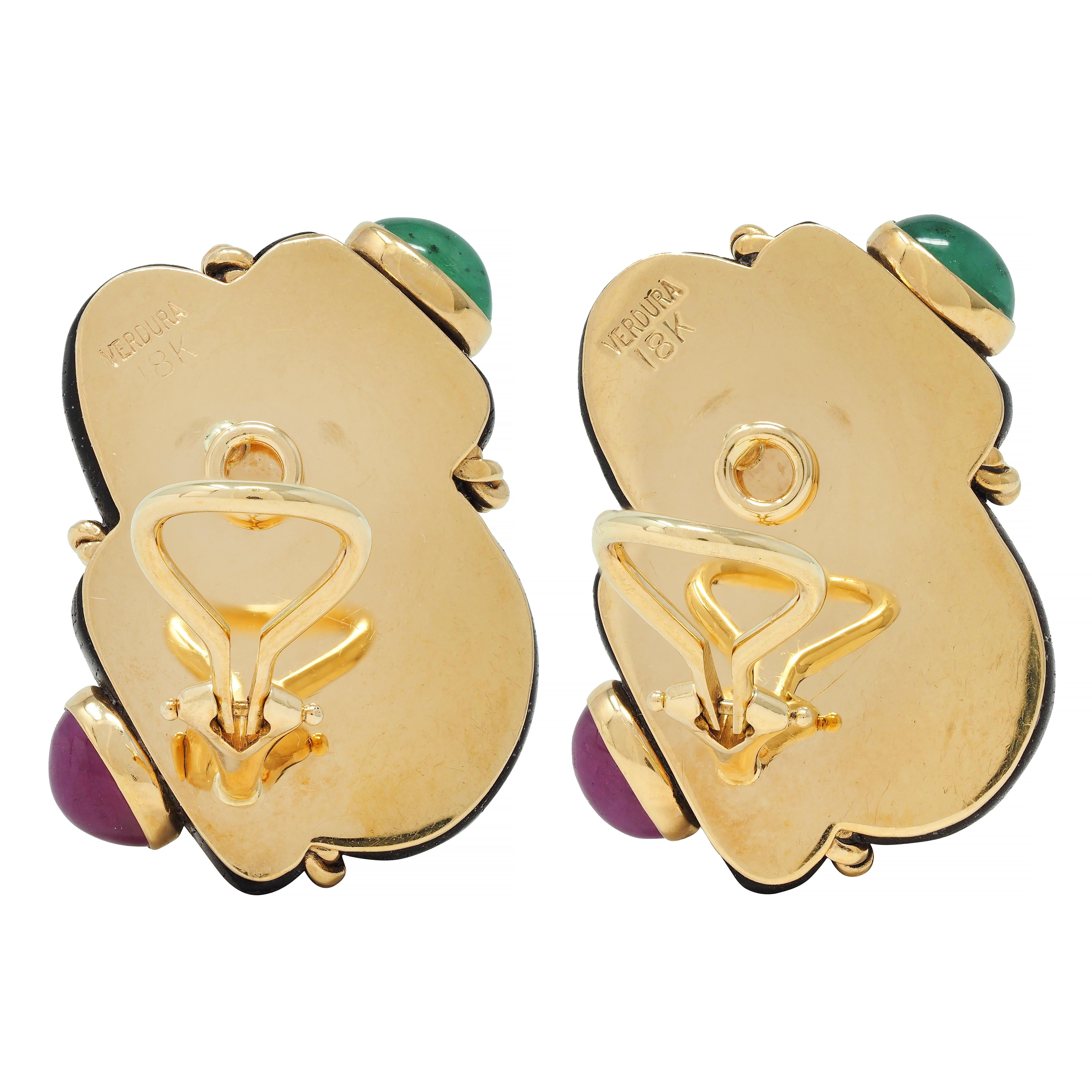 Women's or Men's Verdura 1990s Ruby Emerald Wood 18 Karat Yellow Gold Shell Ear-Clip Earrings For Sale