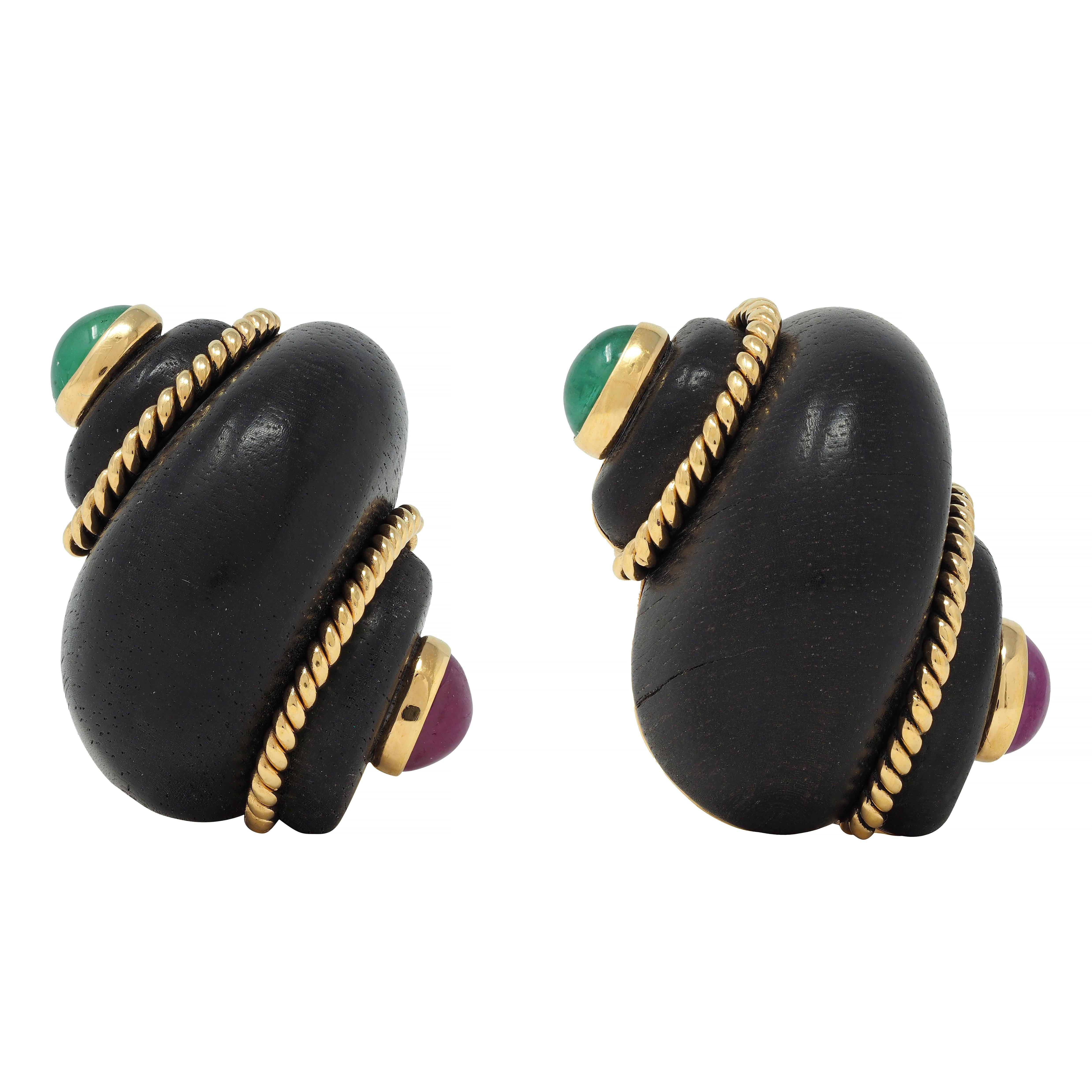 Verdura 1990s Ruby Emerald Wood 18 Karat Yellow Gold Shell Ear-Clip Earrings For Sale